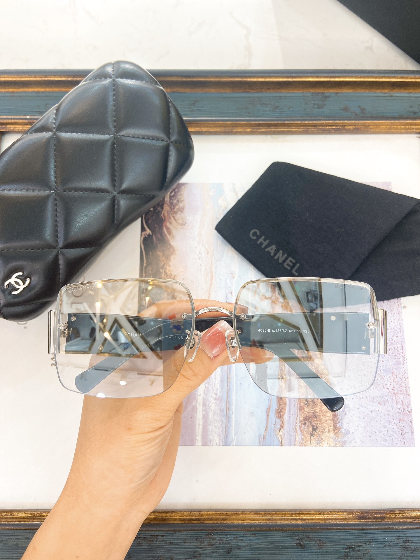 Chanel Clear Acetate Square Optical Frames with Metal Accents & Quilted Case (Model: CH3504)