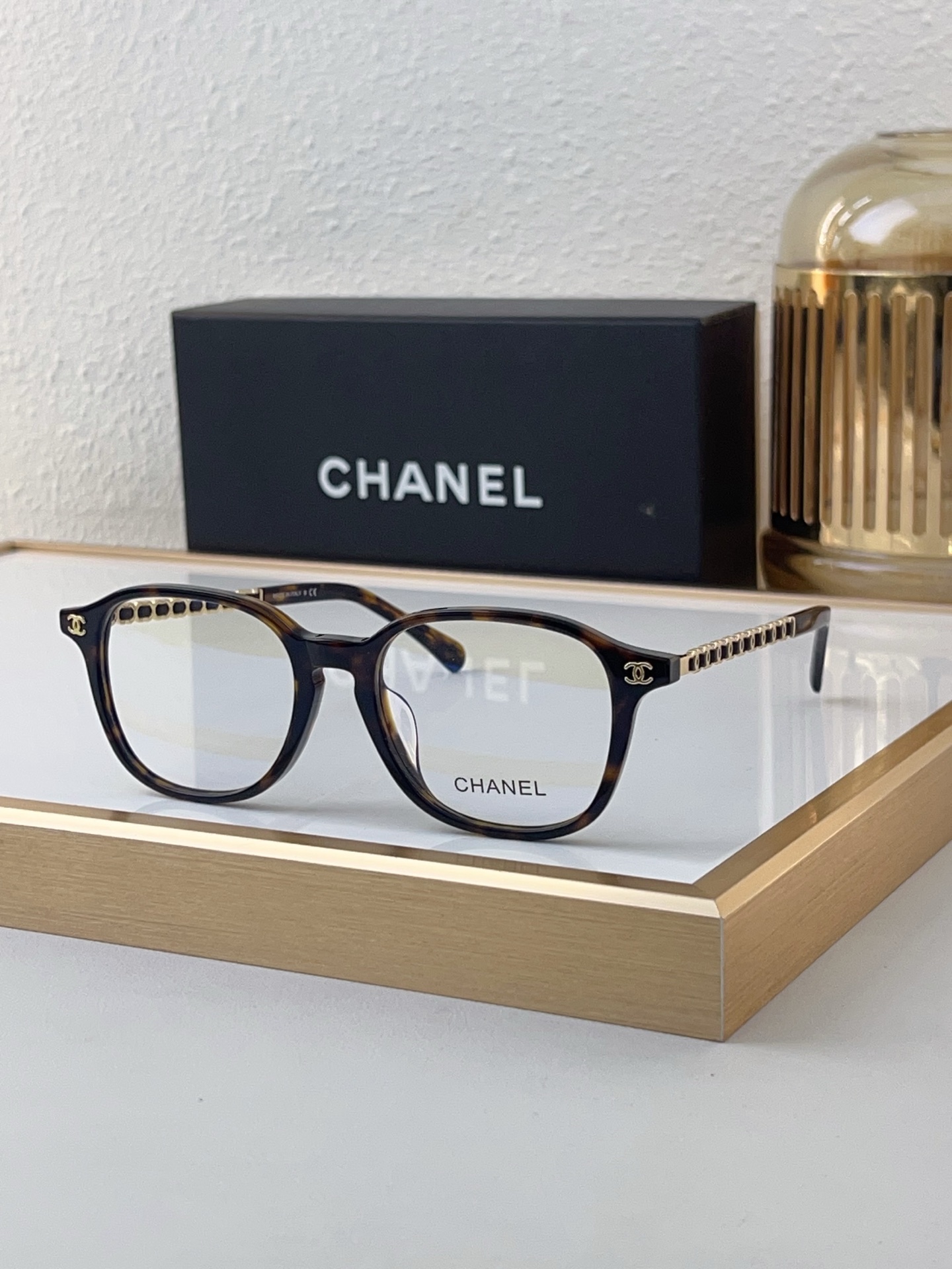 Chanel Tortoiseshell Acetate Round Optical Frames with Gold - Chain & CC Accents (Model: CH3503)
