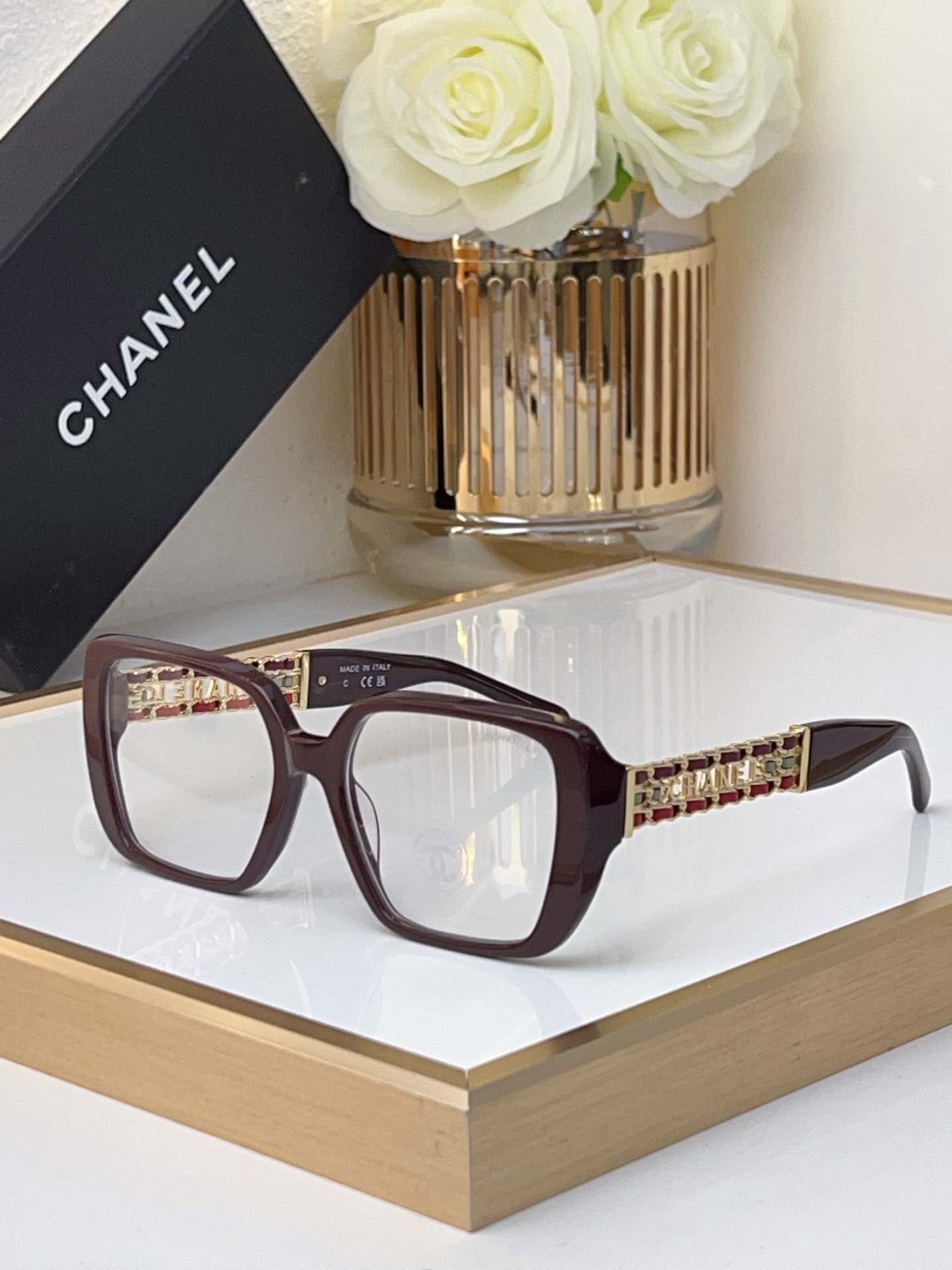 Chanel Dark Brown Acetate Square Optical Frames with Gold - Chain, Red Accents & CHANEL Detailing (Model: CH3502)