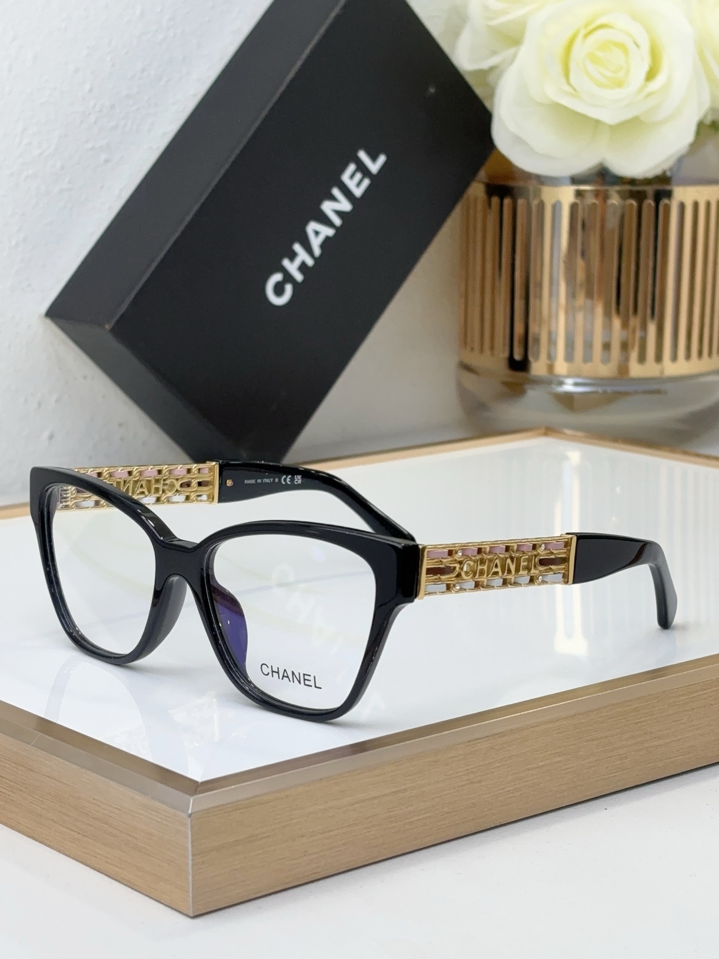 Chanel Black Acetate Cat - Eye Optical Frames with Gold - Tone Metal & Color - Accented CHANEL Temples (Model: CH3501)