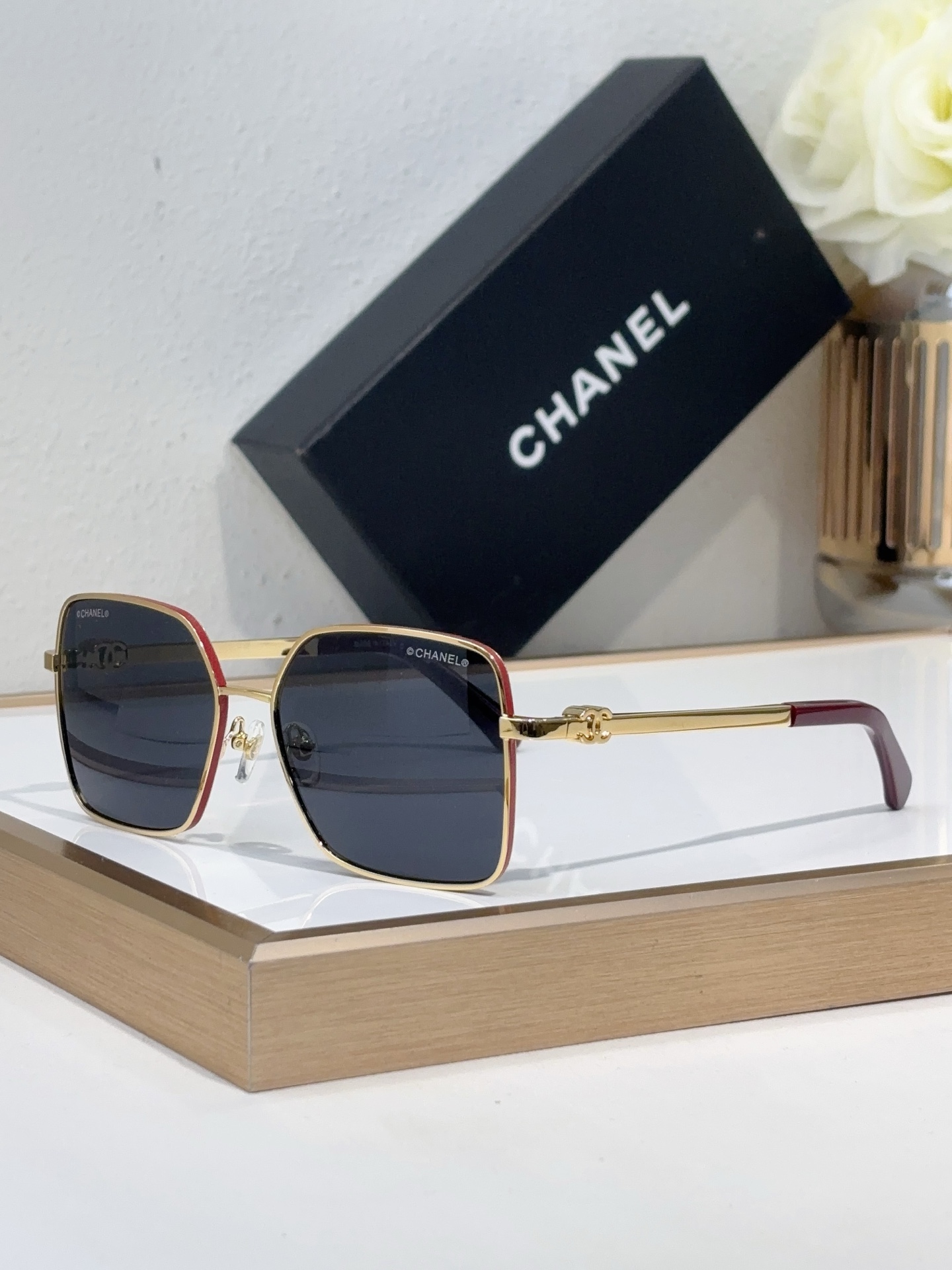 Chanel Gold - Tone Metal Square Sunglasses with Red Accents & CC Clasp (Model: CH5502)