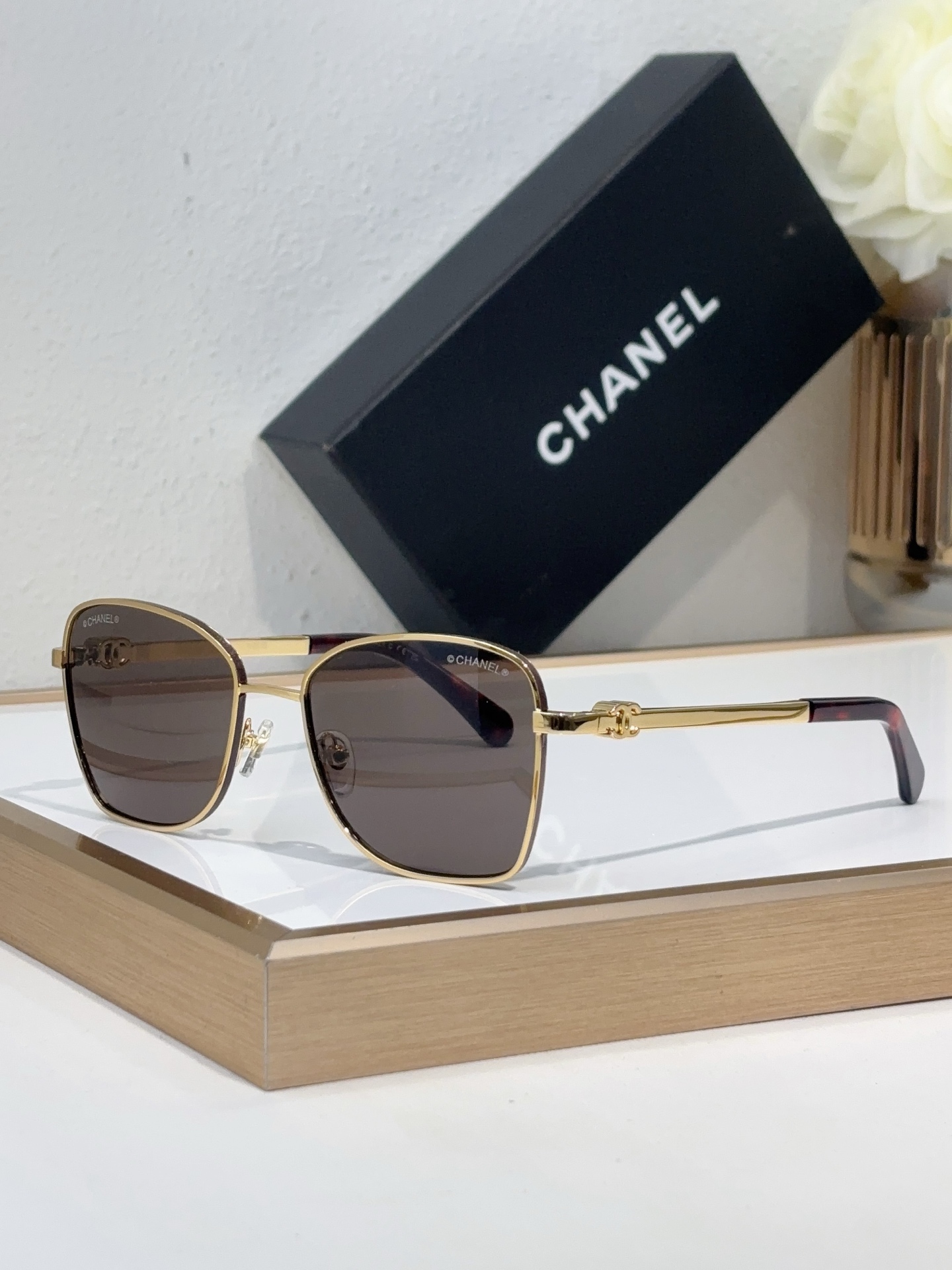 Chanel Gold - Tone Metal Square Sunglasses with Tortoiseshell Accents (Model: CH5498)