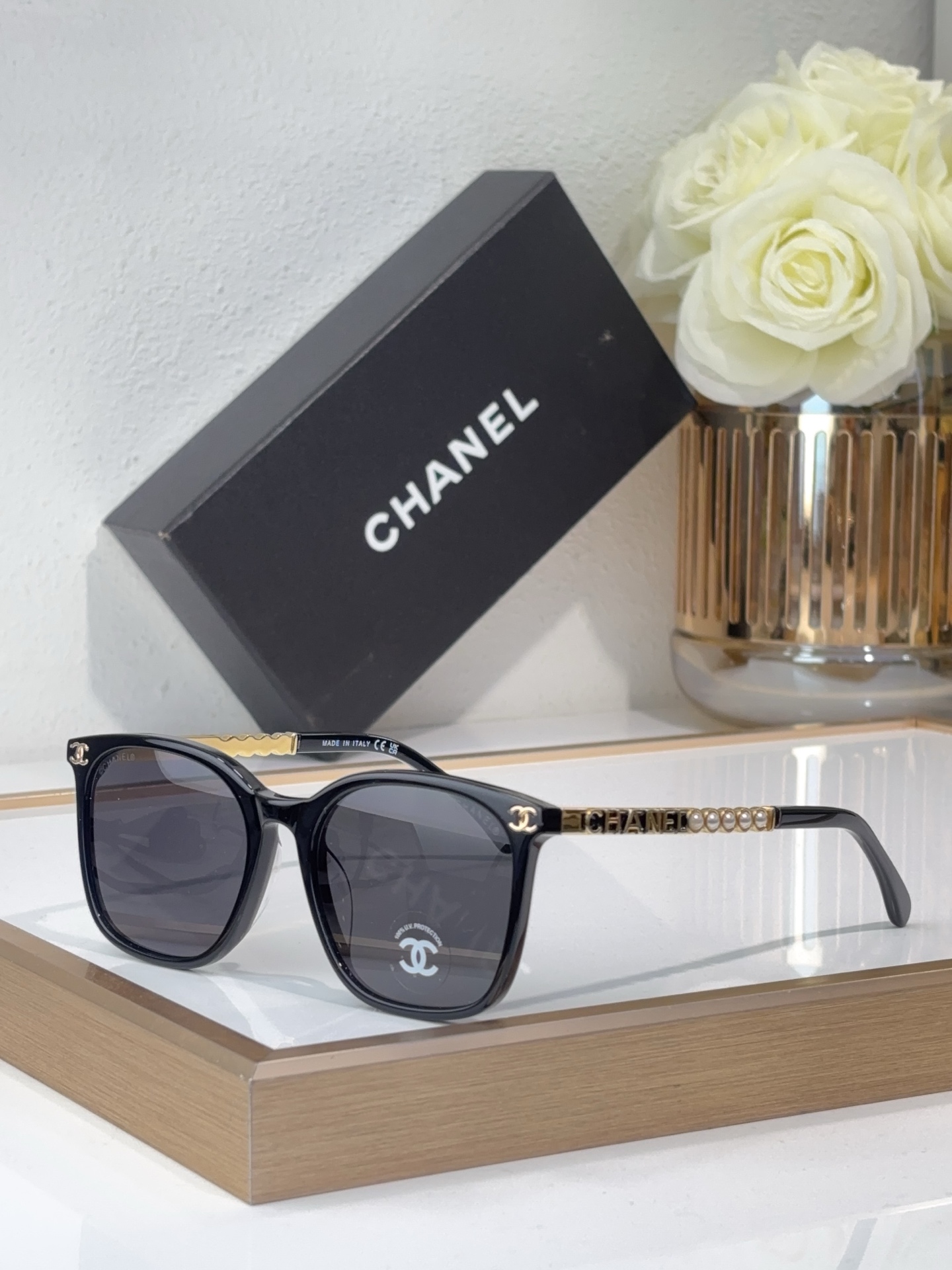 Chanel Black Acetate Square Sunglasses with Gold Chain & CC Accents (Model: CH5495)