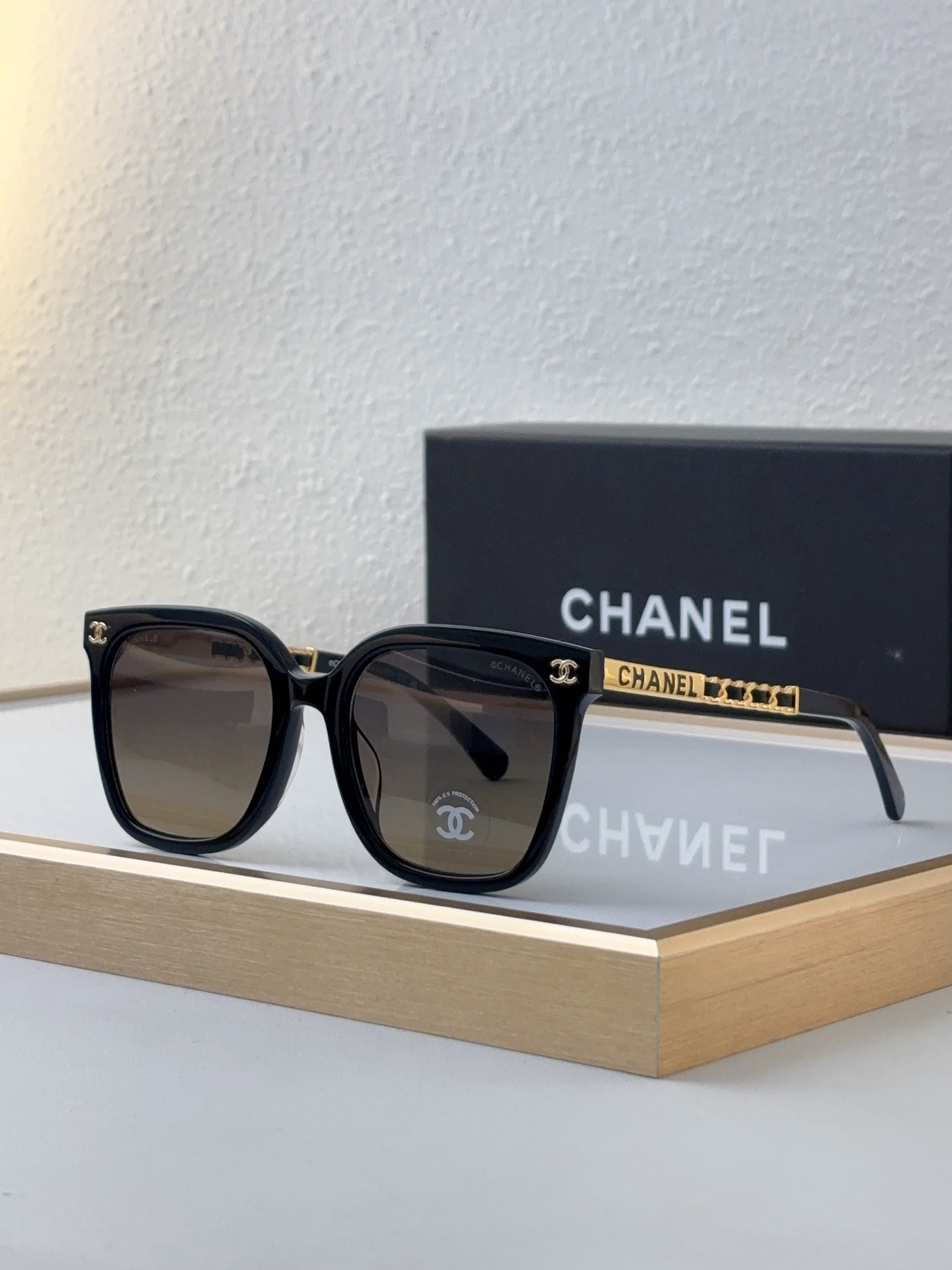 Chanel Black Acetate Square Sunglasses with Gold - Chain Accents (Model: CH5491)