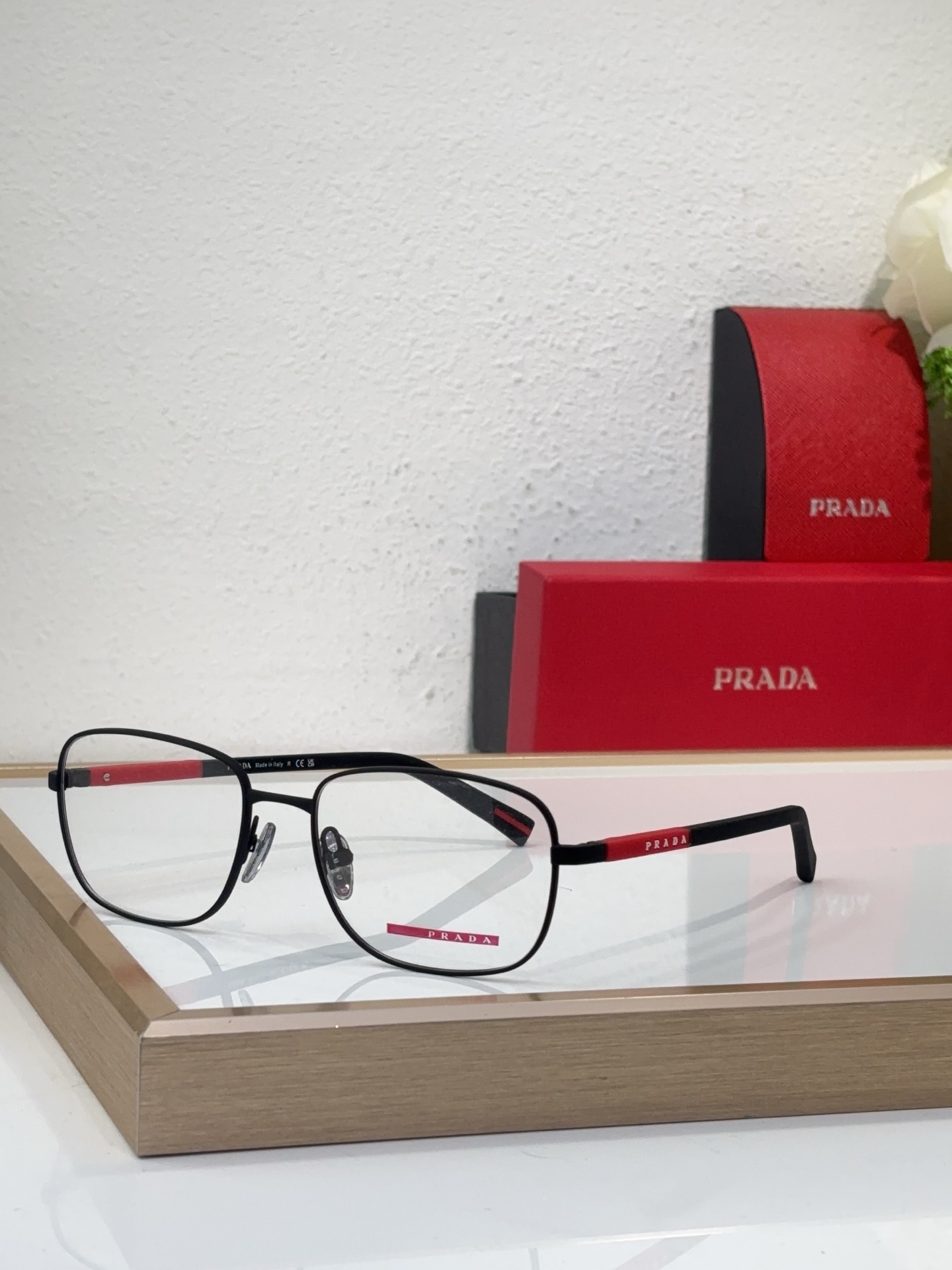 Prada Black Metal Square Optical Frames with Red Accents (Model: PR65TV)