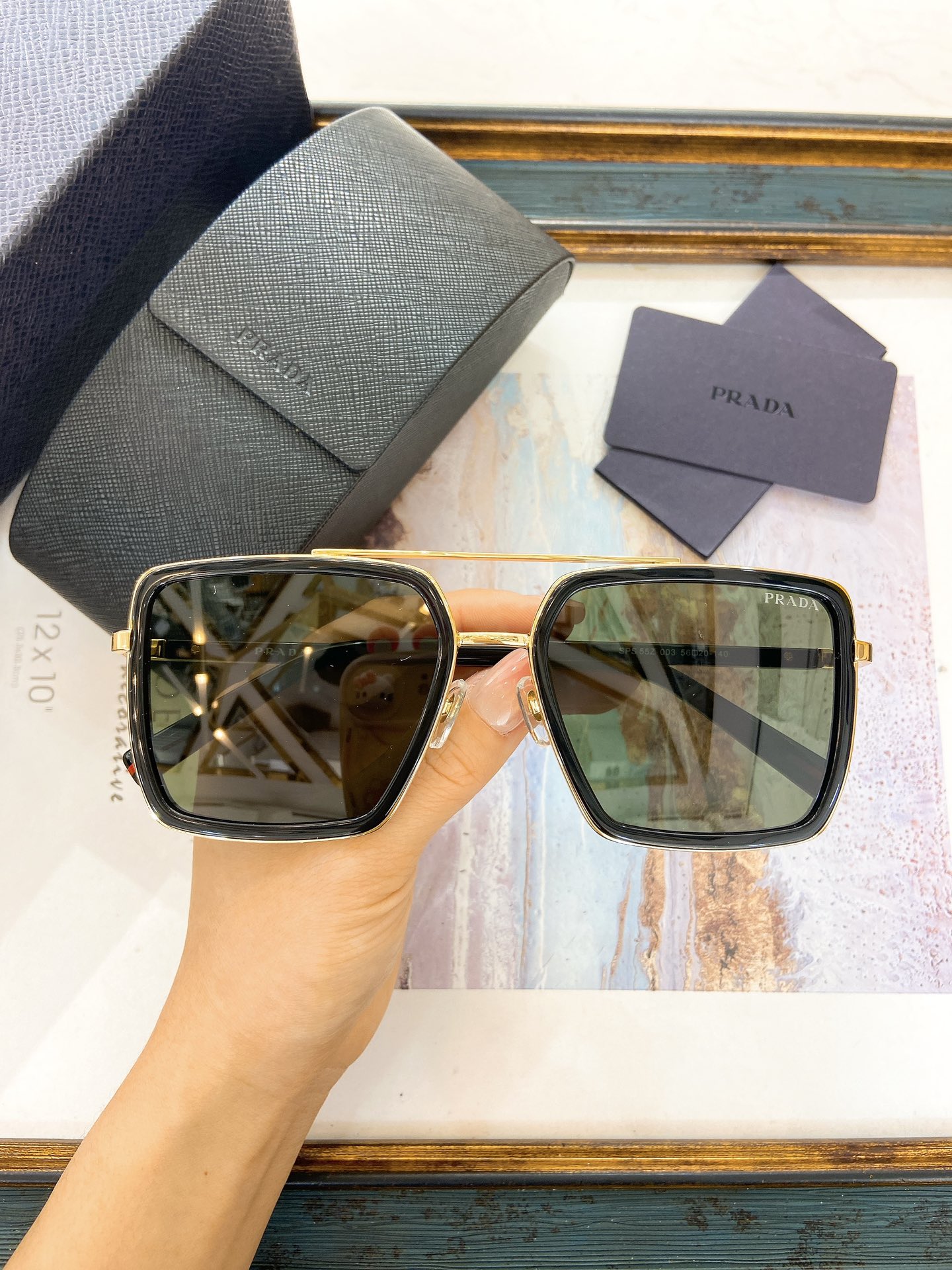 Prada Gold - Tone Metal & Black Acetate Double - Bridge Square Sunglasses (Model: PR14369S)