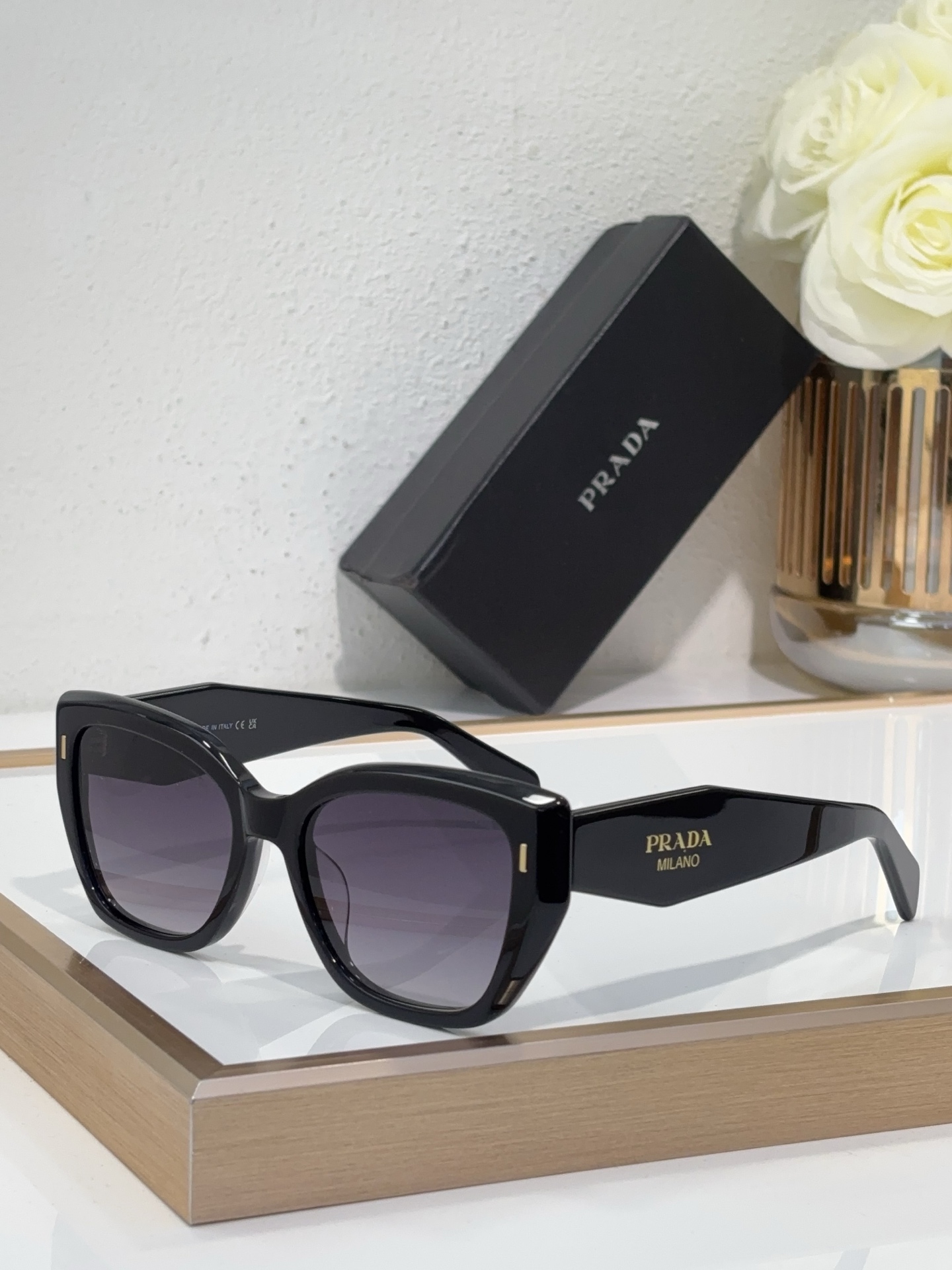 Prada Black Acetate Cat - Eye Sunglasses with Gold Accents (Model: PR14181S)