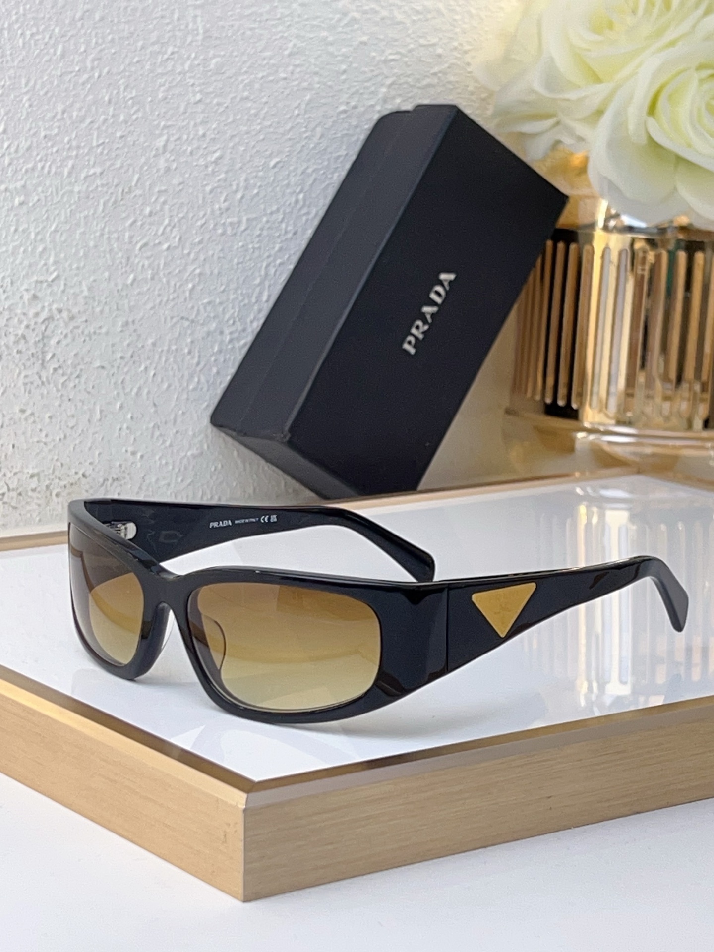 Prada Black Acetate Rectangular Sunglasses with Gold Triangle Accents (Model: PR14125S)