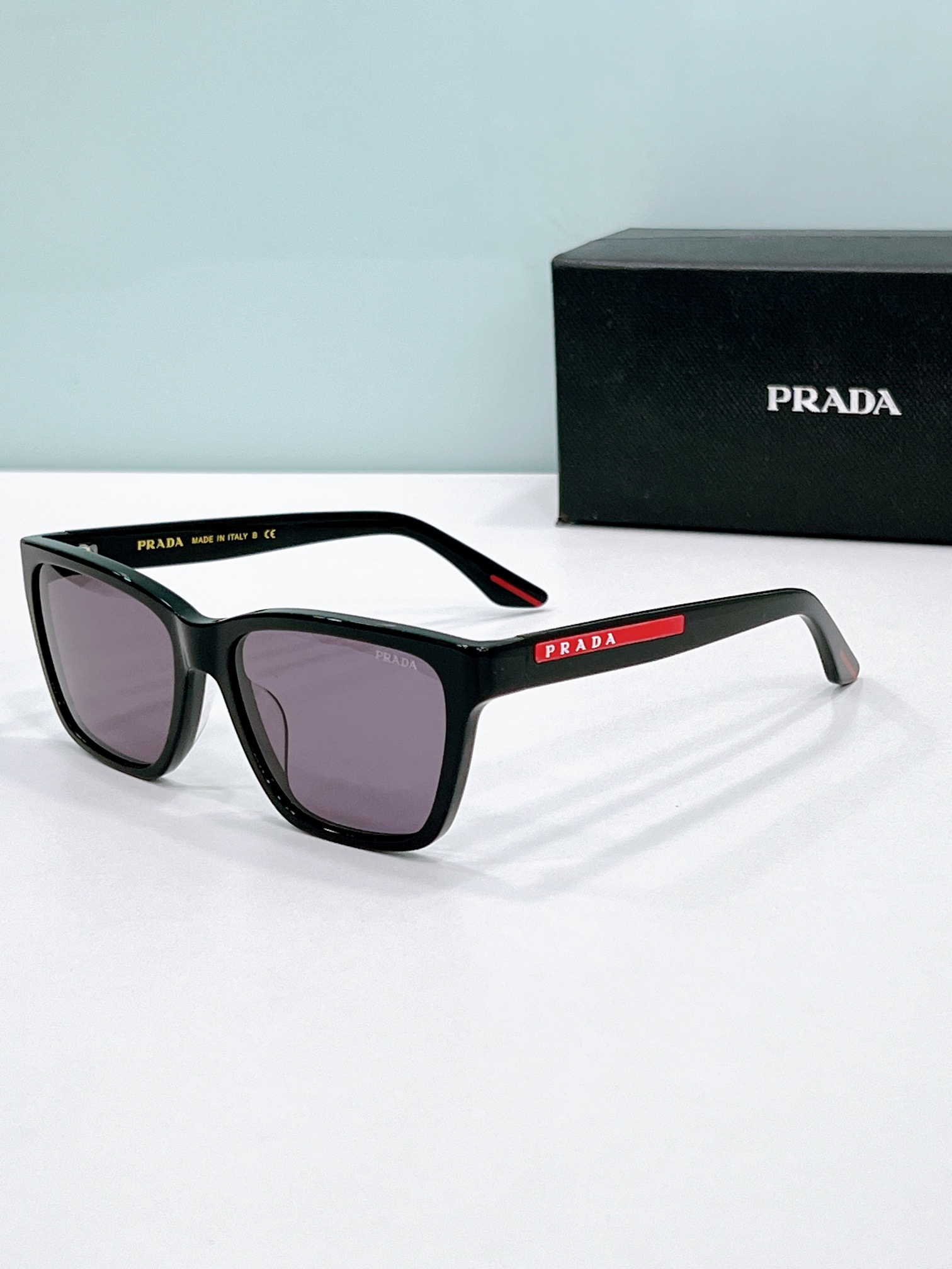 Prada Black Square Acetate Sunglasses with Red Accents (Model: PR13781S)