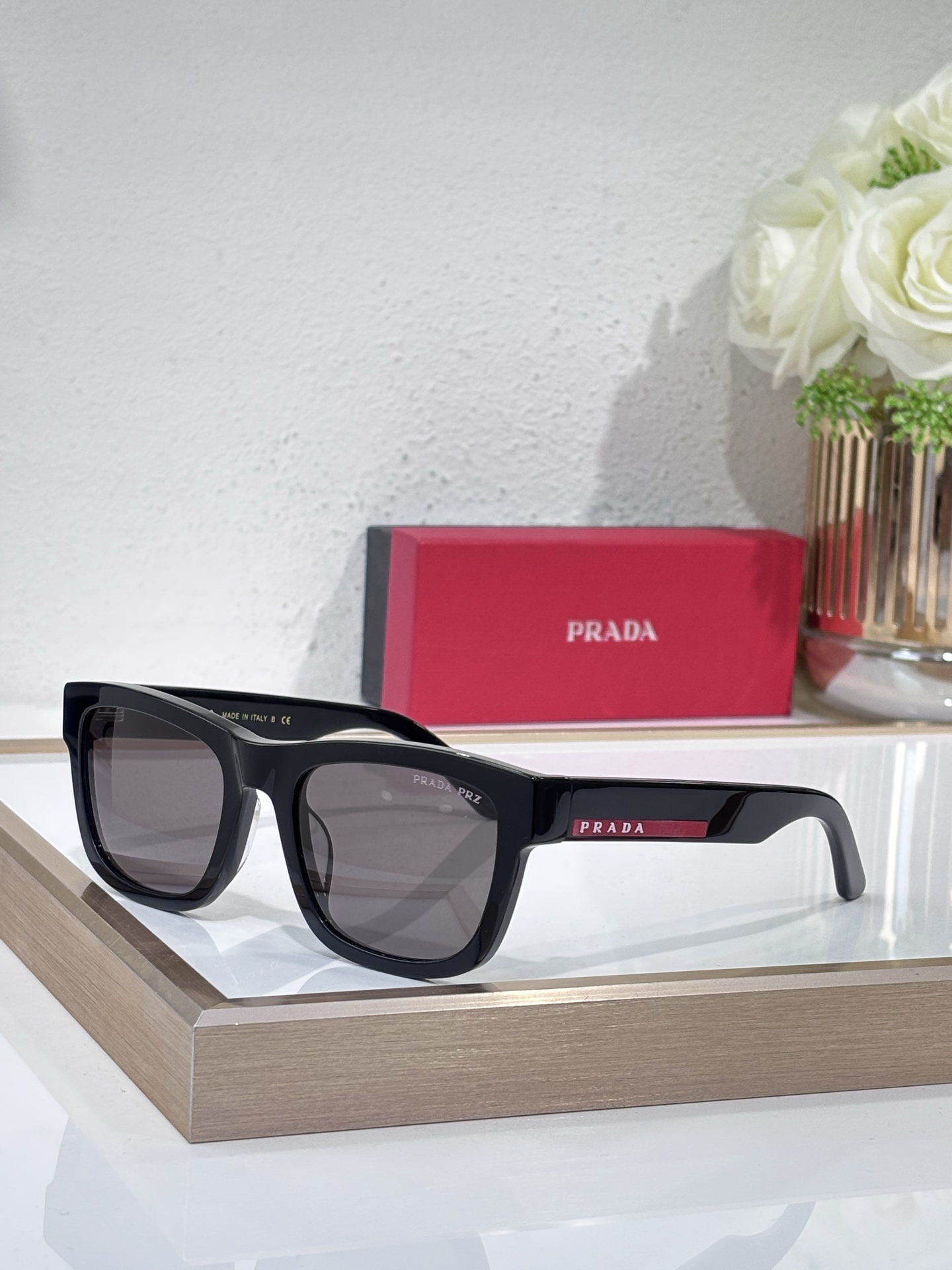 Prada Black Acetate Square Sunglasses with Red Accents (Model: PR13014S)