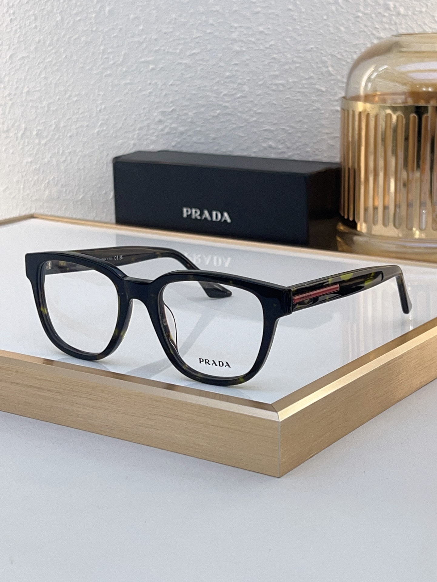 Prada Black Acetate Square Optical Glasses with Tortoiseshell & Red Accents (Model: PR8903O)