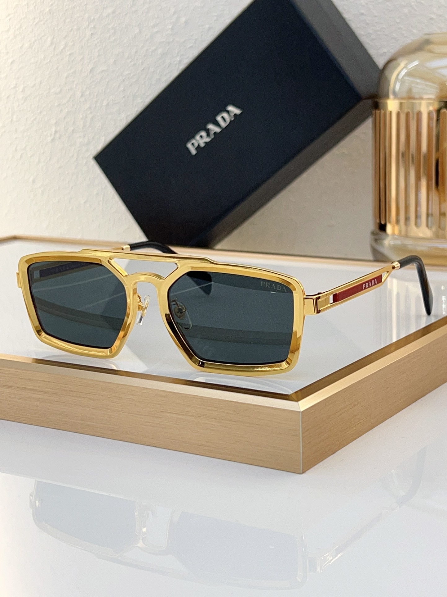 Prada Gold - Tone Metal Geometric Square Sunglasses with Red Accents (Model: PR7347S)