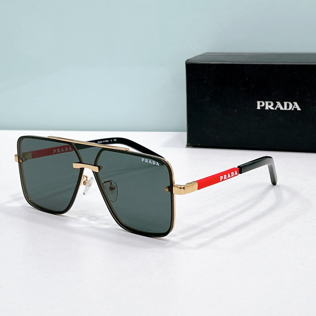 Prada Gold - Tone Metal Square Sunglasses with Red Accents (Model: PR5347S)