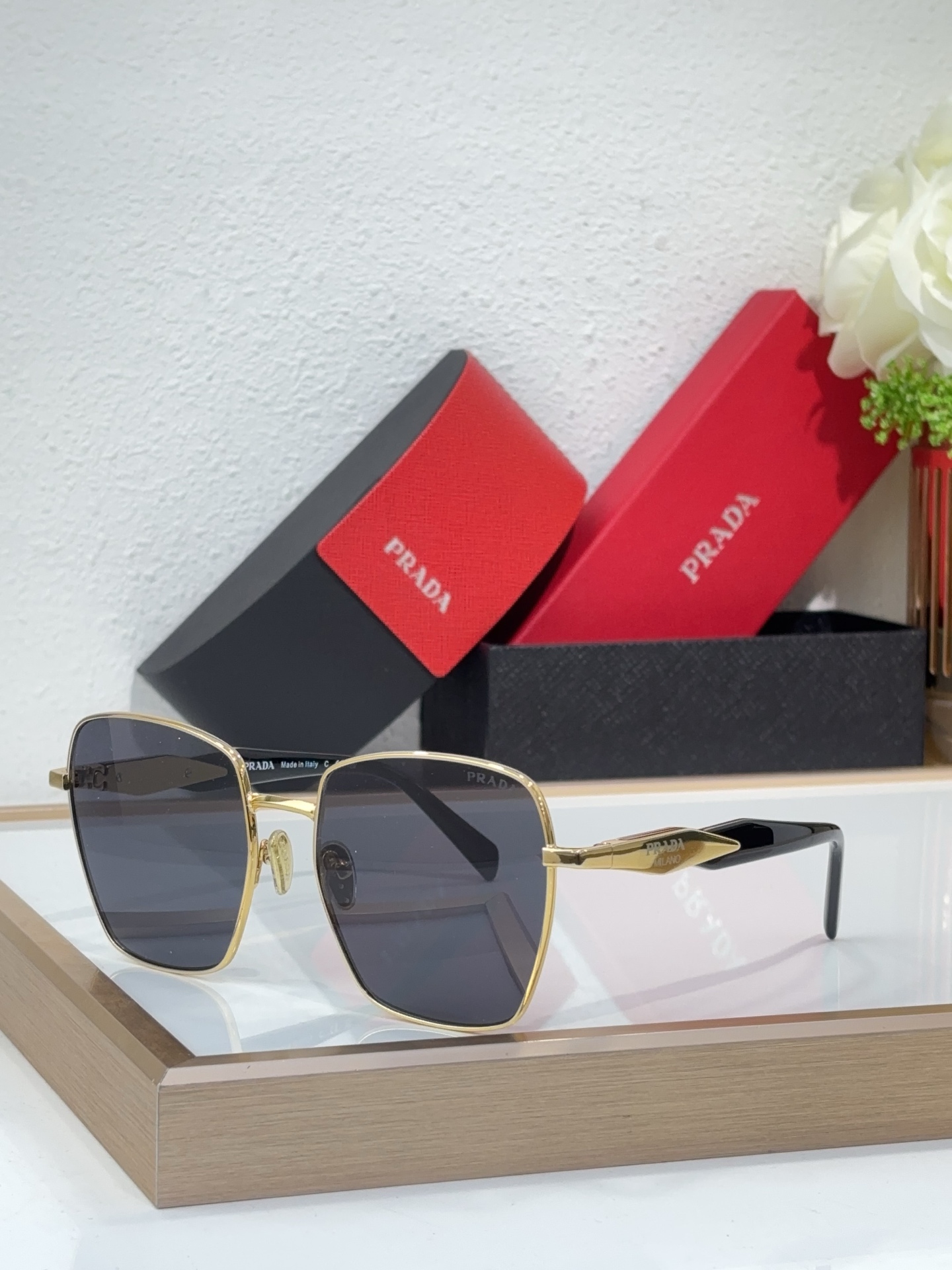 Prada Gold - Tone Metal Square Sunglasses with Black Acetate Temples (Model: PR4014S)