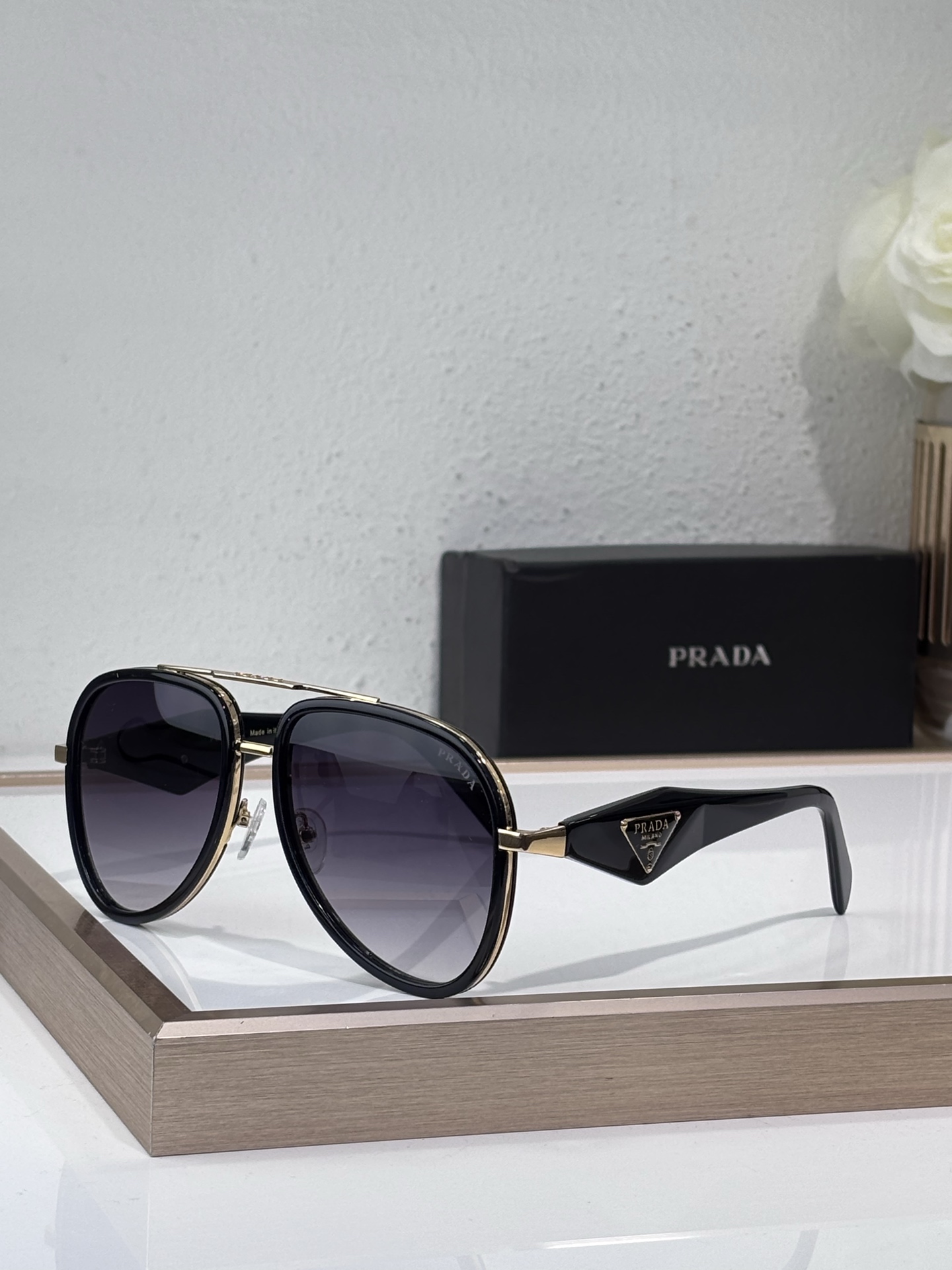 Prada Black - Gold Aviator Sunglasses with Triangle Logo (Model: PR4444S)