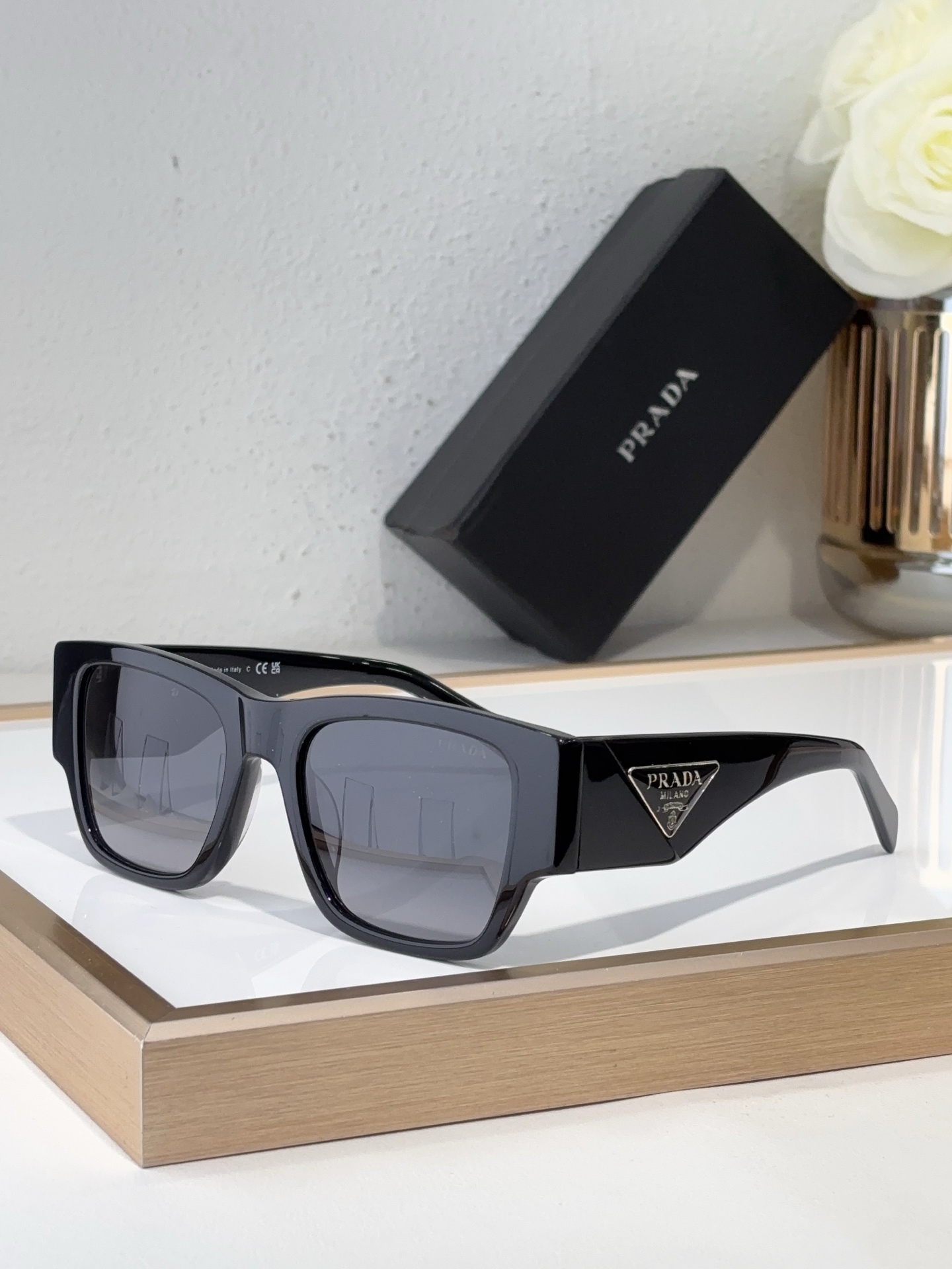 Prada Black Acetate Square Sunglasses with Triangular Logo (Model: PR9012S)