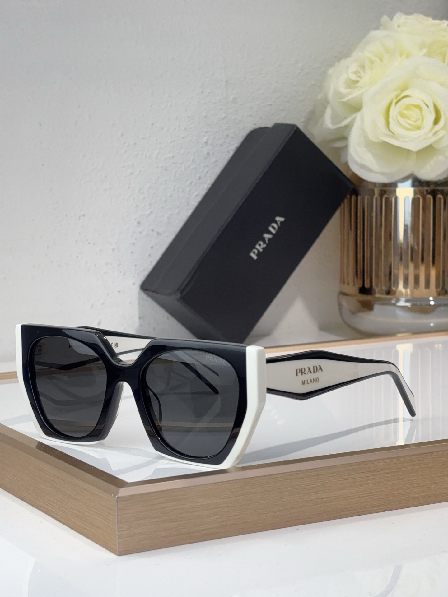 Prada Black - White Acetate Cat - Eye Square Sunglasses (Model: PR0456S)