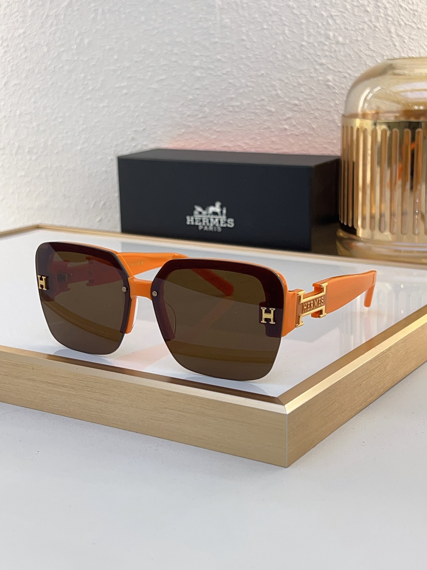 Hermès Black - Taupe Acetate & Gold - Metal Semi - Rimless Square Sunglasses (Model: HER009S)