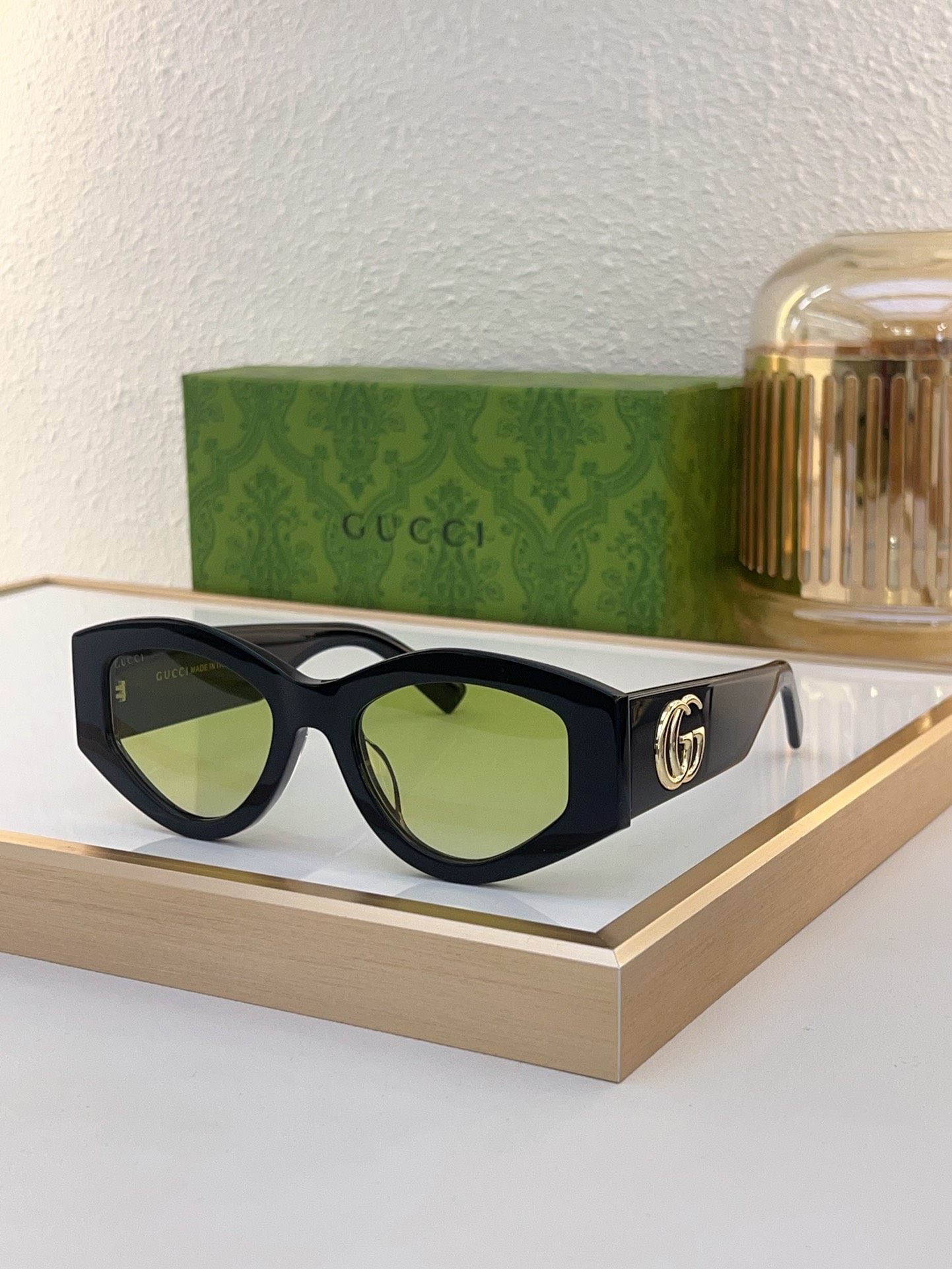 Gucci Black Acetate Cat - Eye Sunglasses with Gold Double G (Model: GG1353S)