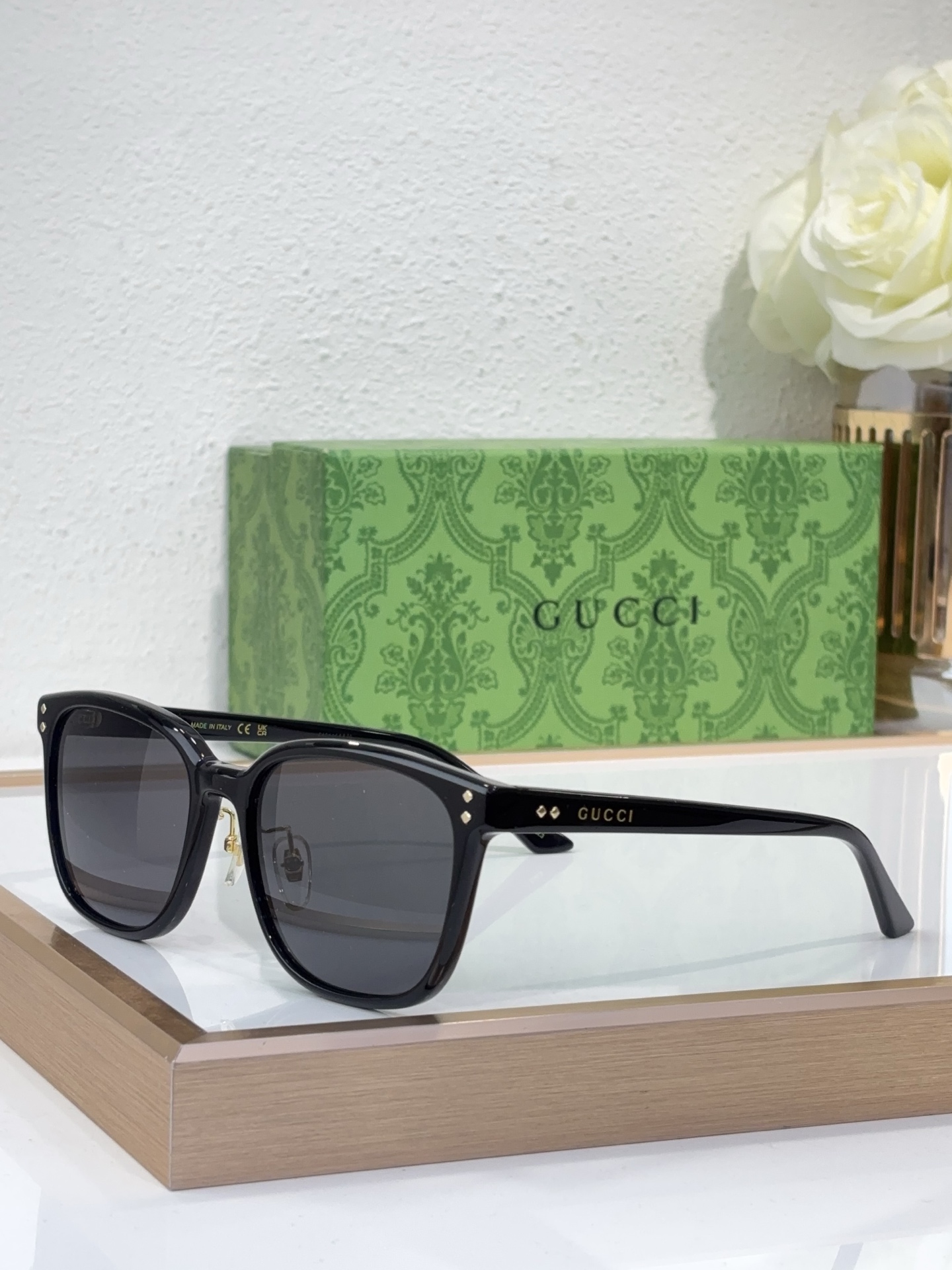 Gucci Black Acetate Square Sunglasses with Gold Accents (Model: GG1335S)