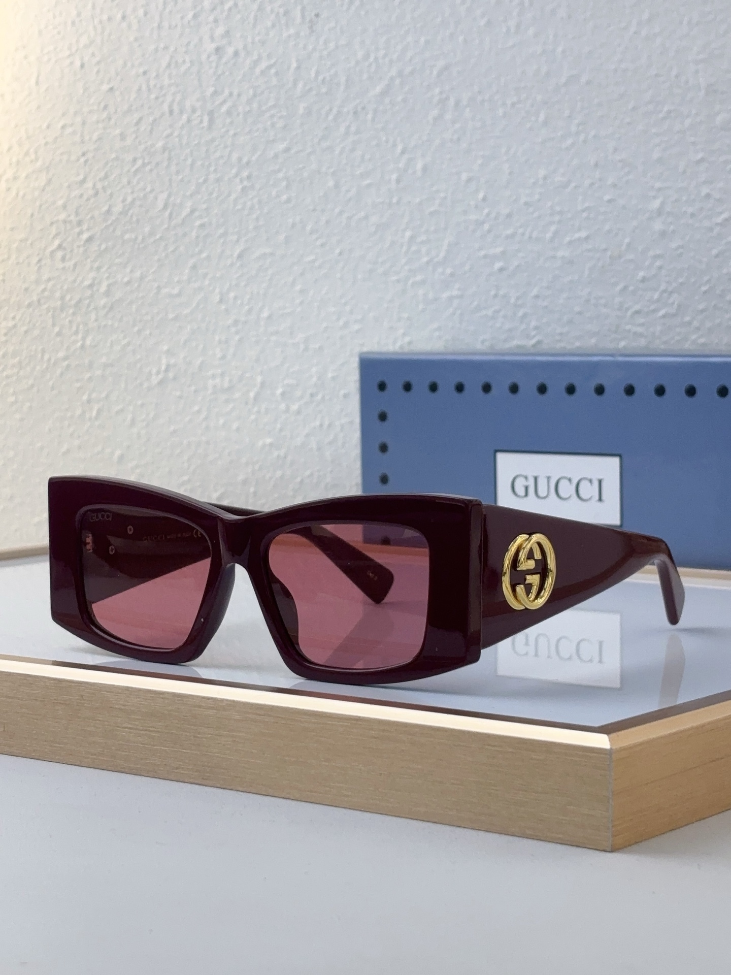 Gucci Burgundy Acetate Square - Cat - Eye Sunglasses with Gold Double G (Model: GG1293S)