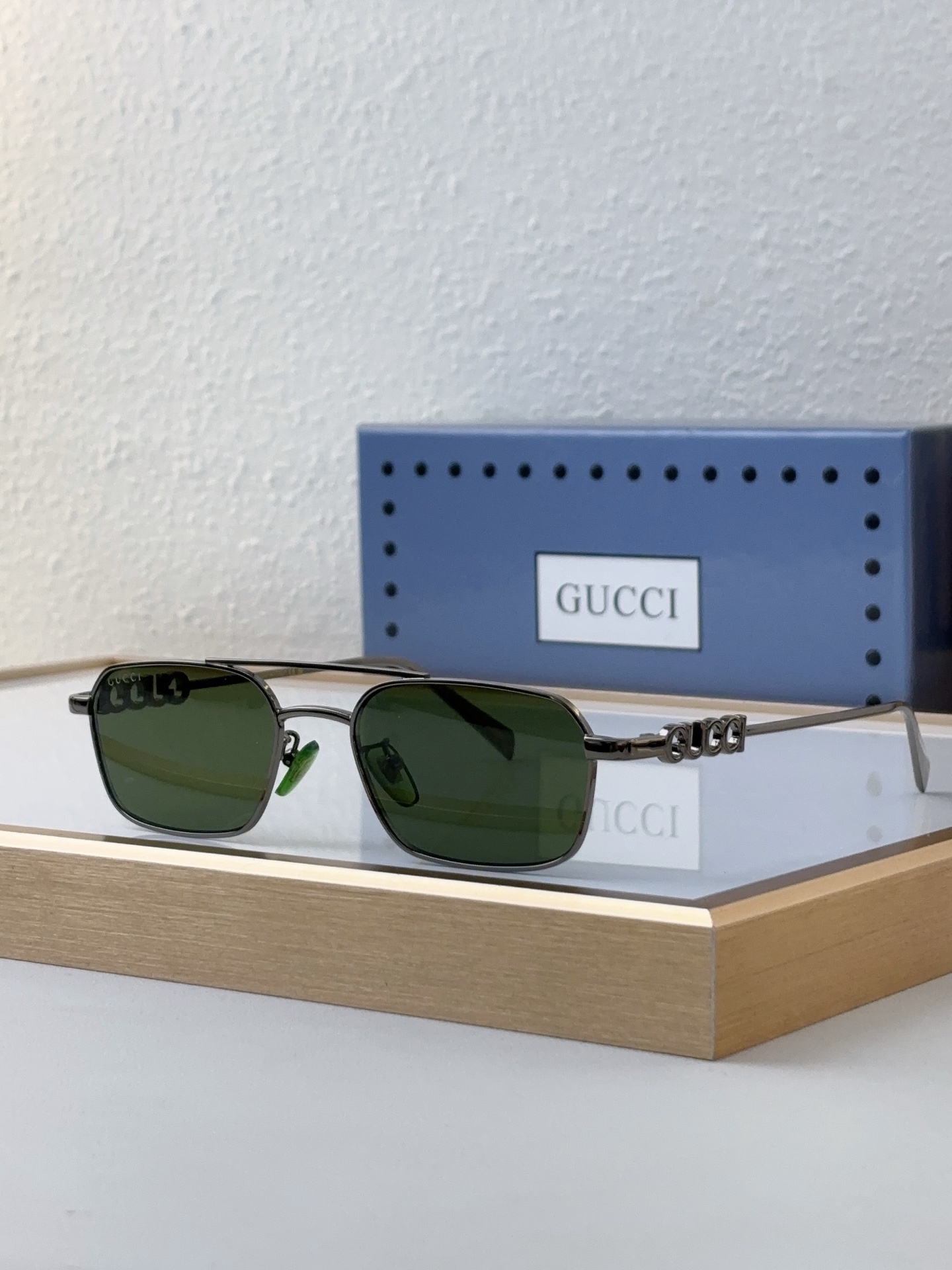 Gucci Rectangular Gunmetal - Tone Metal Sunglasses with Interlocking G Temple Accents & Green Lenses (Model: GG1278S)