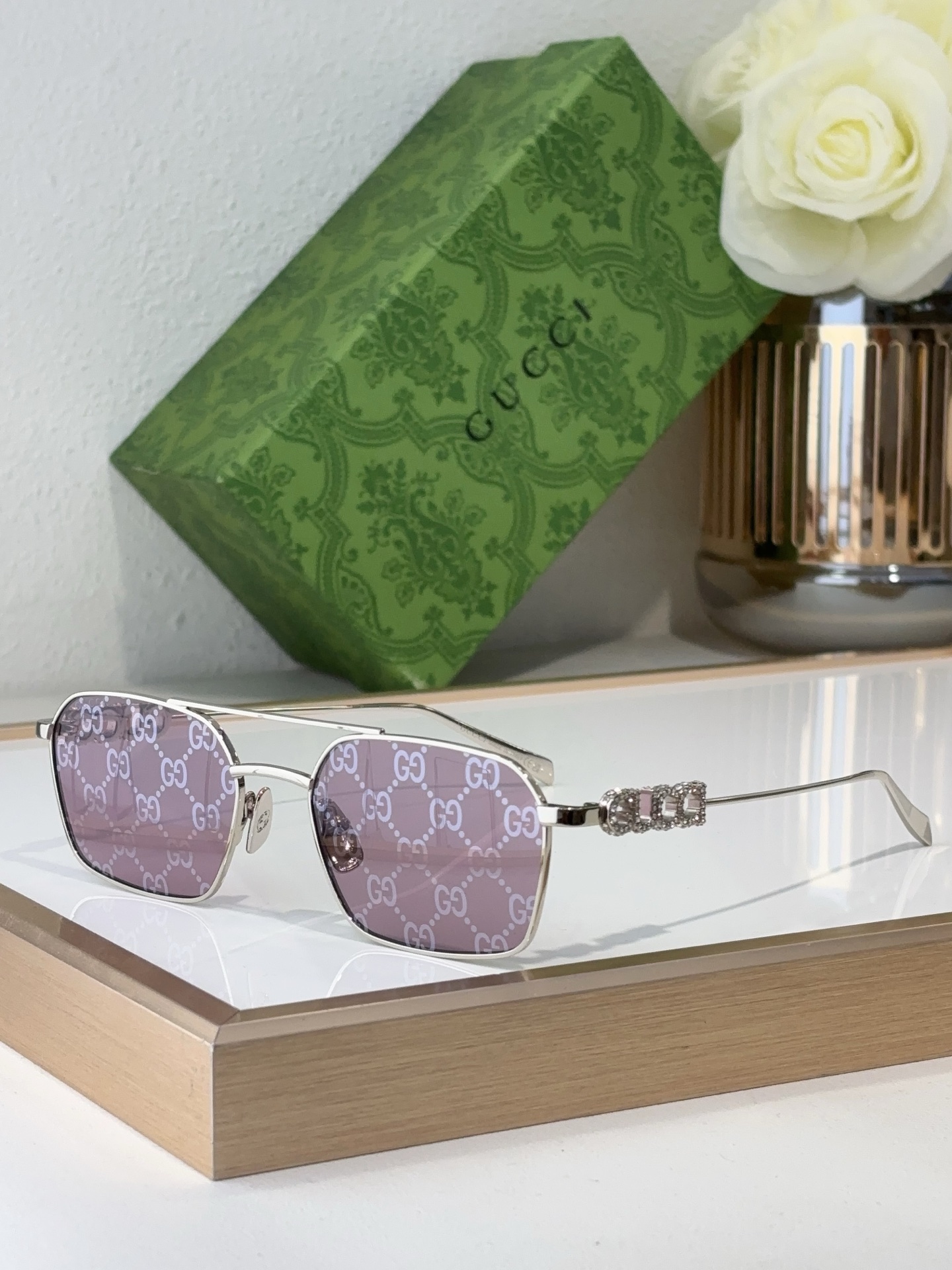 Gucci Square Gold - Tone Metal Sunglasses with Crystal - Embellished Temple Accents & Dark Gray Lenses (Model: GG1277S)