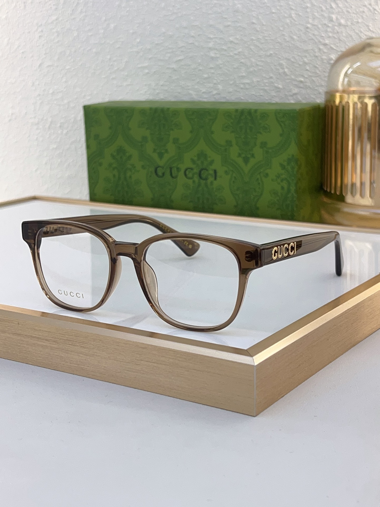 Gucci Square Transparent Brown Acetate Optical Eyeglasses with Gold - Tone "GUCCI" Temple Accents (Model: GG1268O)