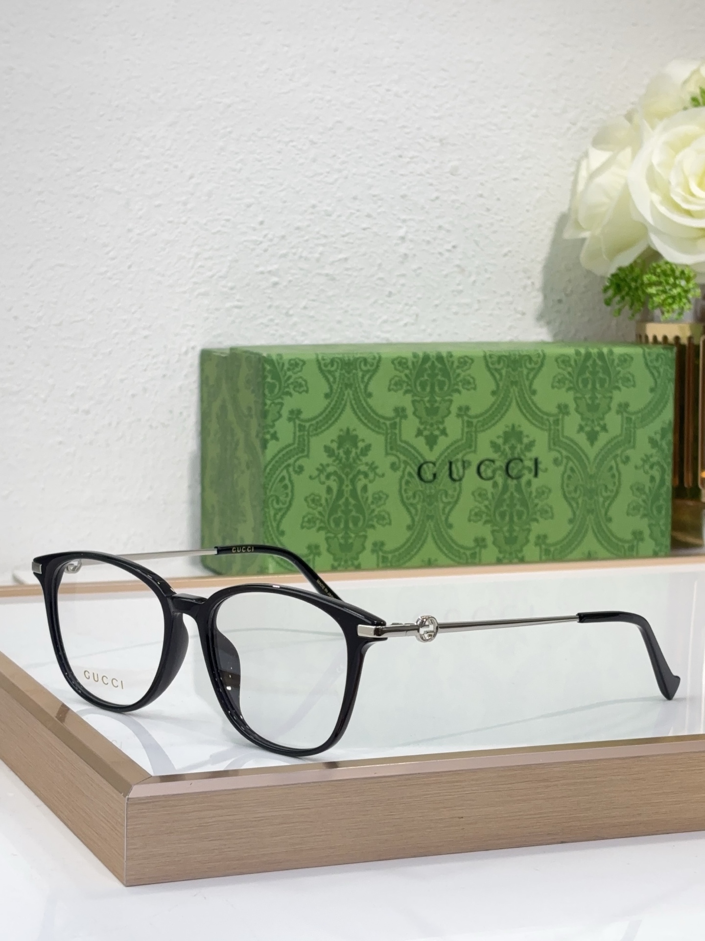 Gucci Round Black Acetate & Silver - Tone Metal Optical Eyeglasses with Double G Temple Accents (Model: GG1267O)