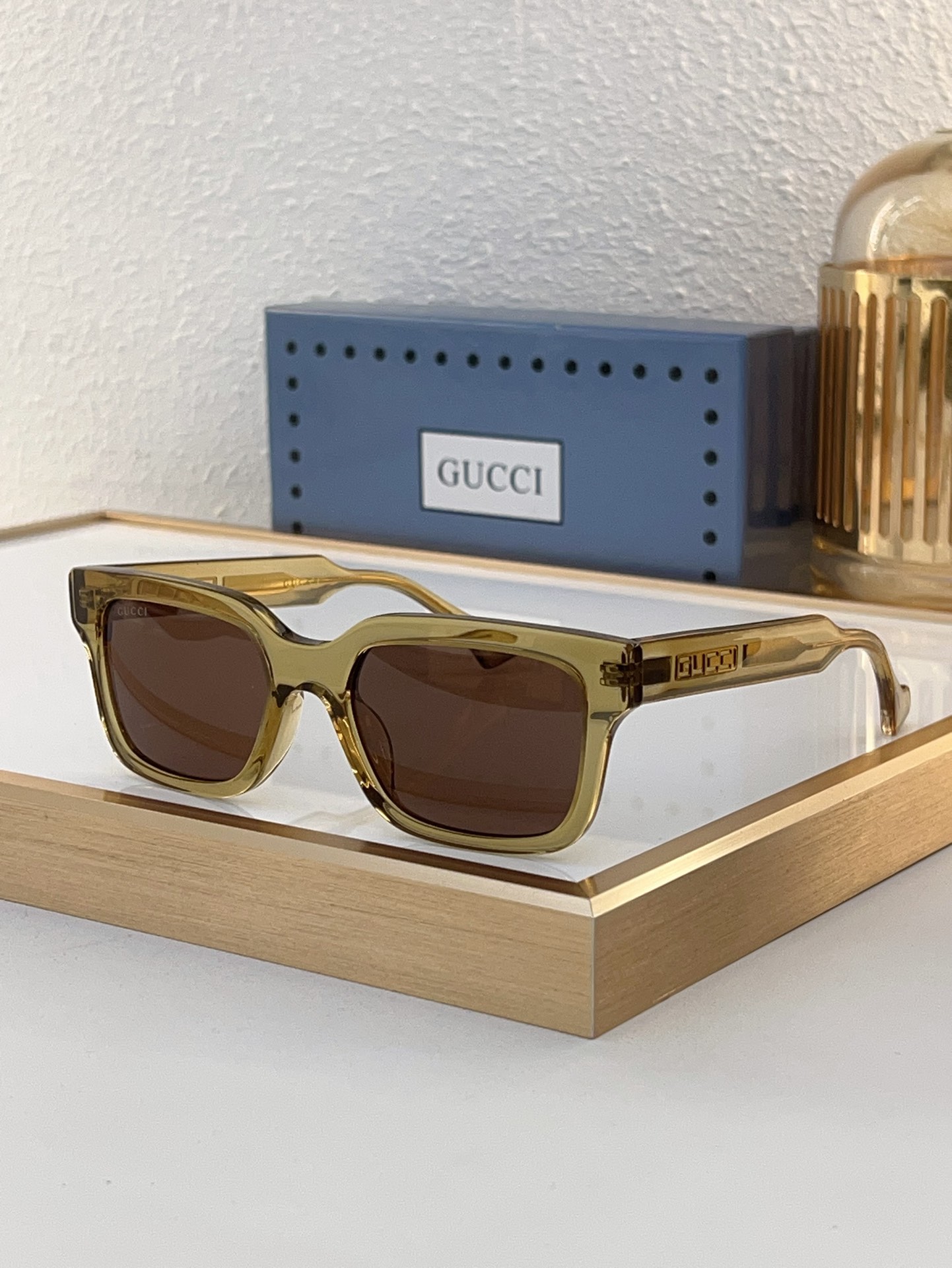 Gucci Square Transparent Gray Acetate Sunglasses with Branded Temple Accents & Dark Gray Lenses (Model: GG1264S)