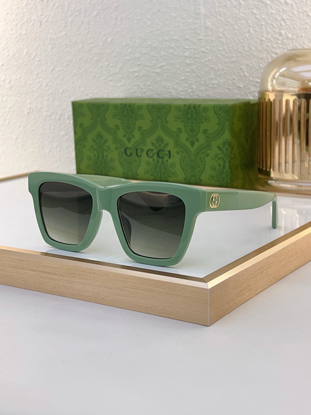 Gucci Square Mint - Green Acetate Sunglasses with Gold - Tone Double G Accents & Gradient Gray Lenses (Model: GG1255S)