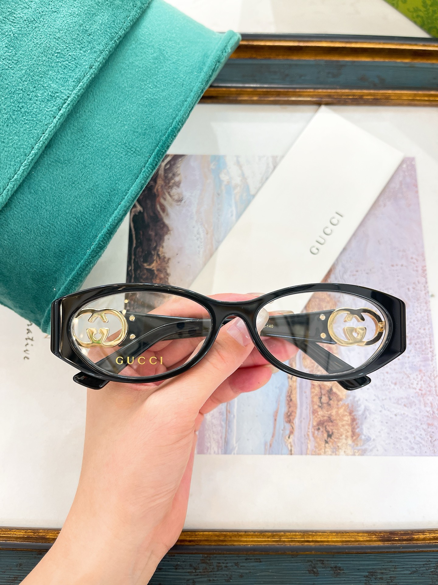 Gucci Cat - Eye Black Acetate Optical Eyeglasses with Gold - Tone Double G Accents (Model: GG1247O)