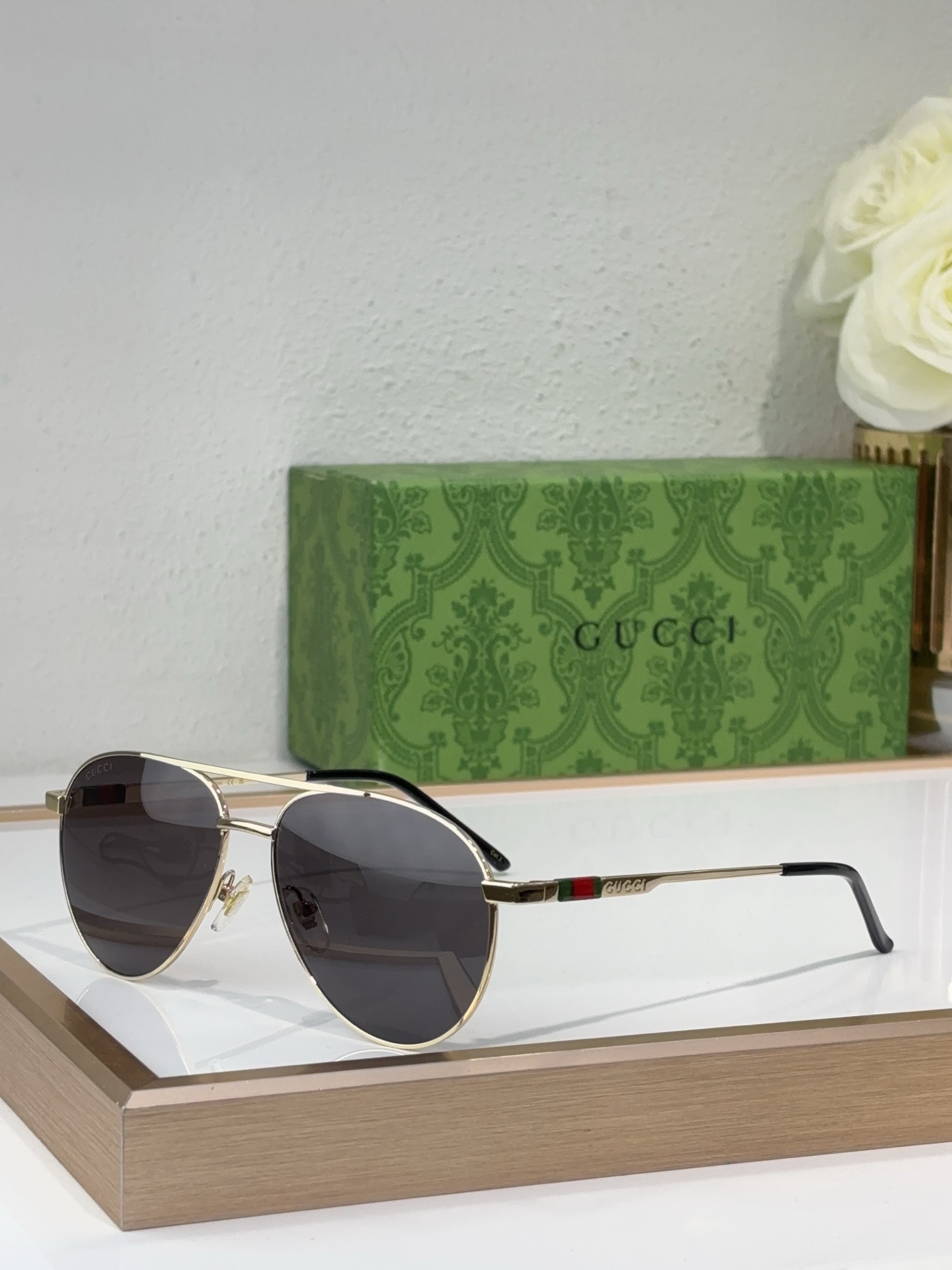 Gucci Aviator - Style Gold - Tone Metal Sunglasses with Web Stripe Temples (Model: GG1235S)
