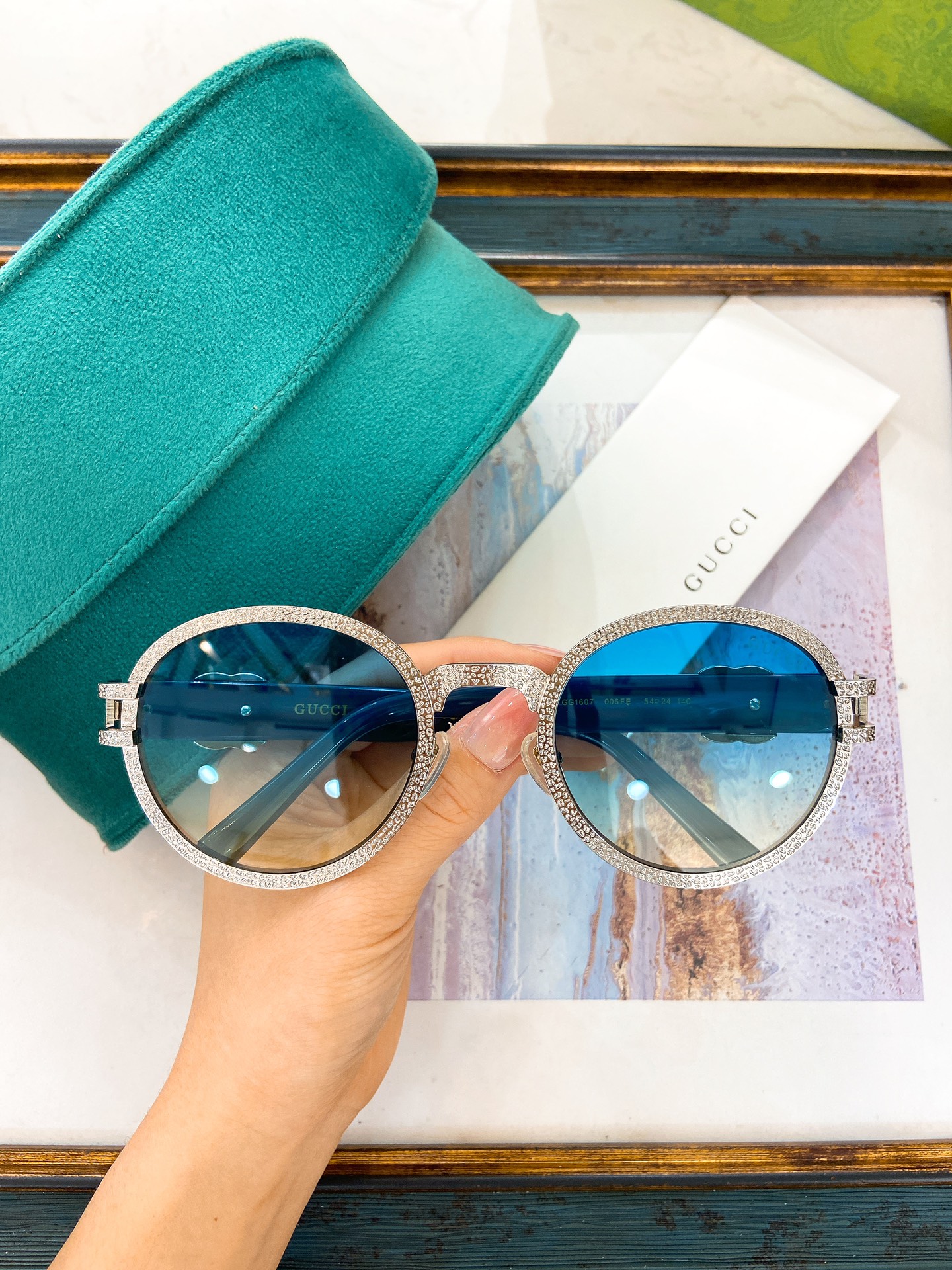 Gucci Round Sunglasses with Pave - Set Crystals & Gradient Blue Lenses (Model: GG1380S)