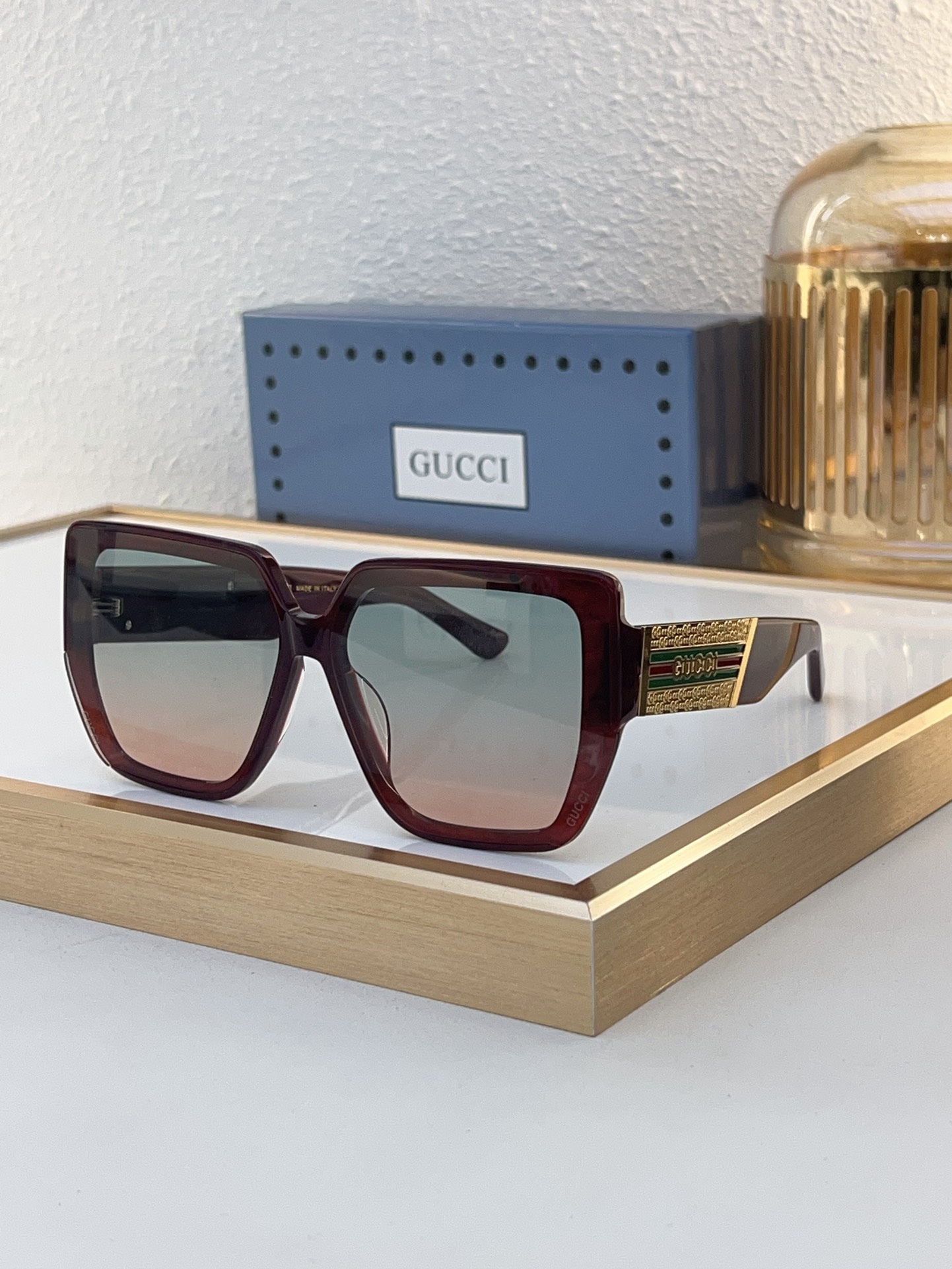 Gucci Square - Frame Sunglasses in Burgundy Acetate with Web Stripe & Gold - Tone Accents (Model: GG1355S)