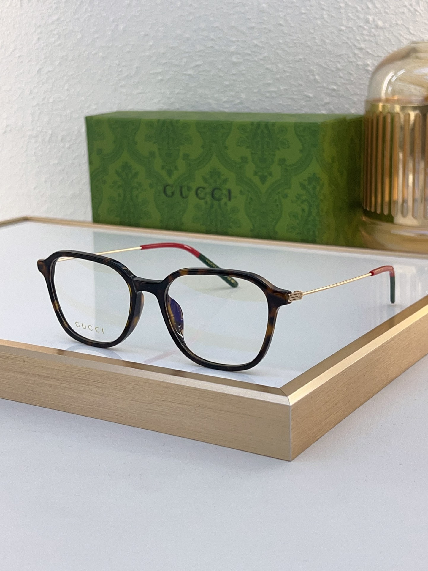 Gucci Round - Square Optical Eyeglasses with Tortoiseshell Acetate & Gold - Tone Web Temples (Model: GG0673O)