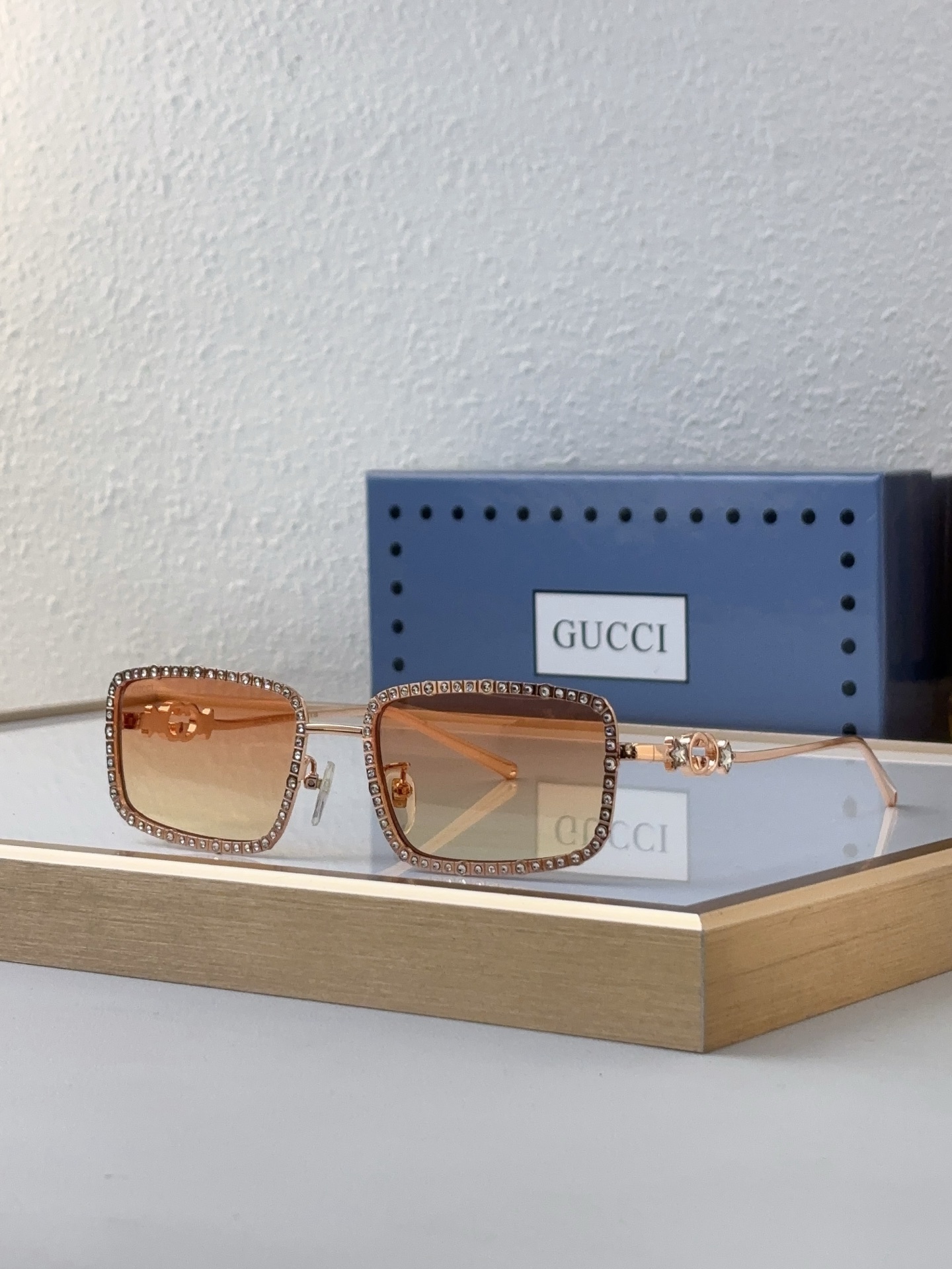 Gucci Crystal - Embellished Square Sunglasses with Rose Gold - Tone Metal Frame (Model: GG1235S)