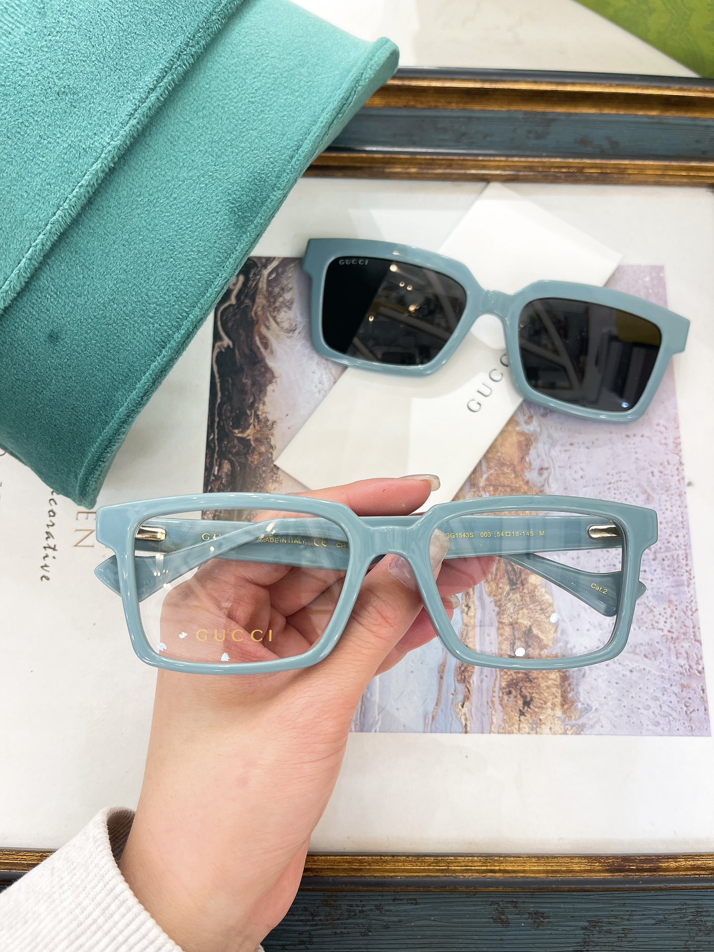 Gucci Square - Frame Eyewear Set (Light Blue Acetate: Optical & Sunglasses)