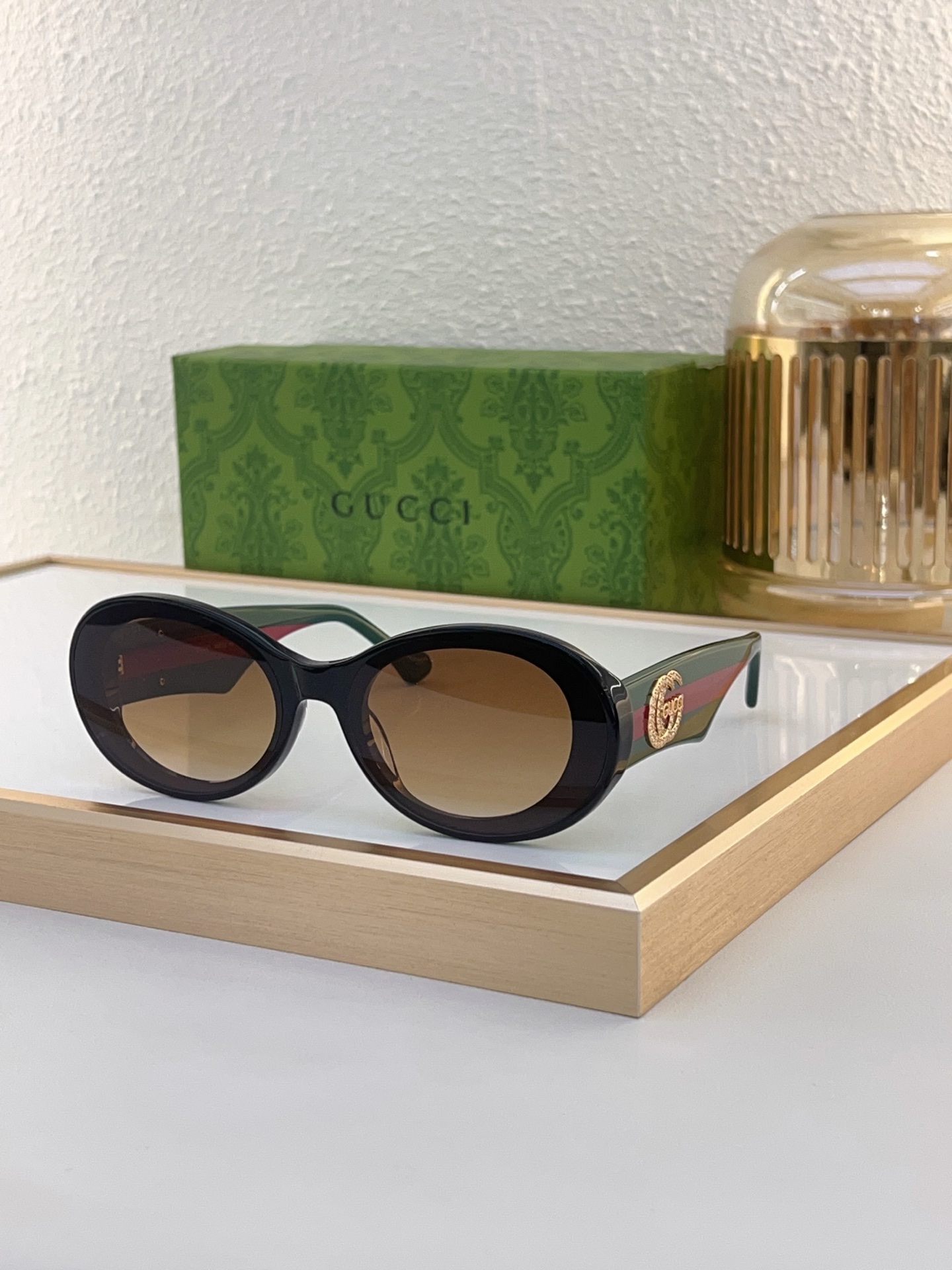 Gucci Oval - Frame Sunglasses with Web Stripe & Gold - Tone GG Accents