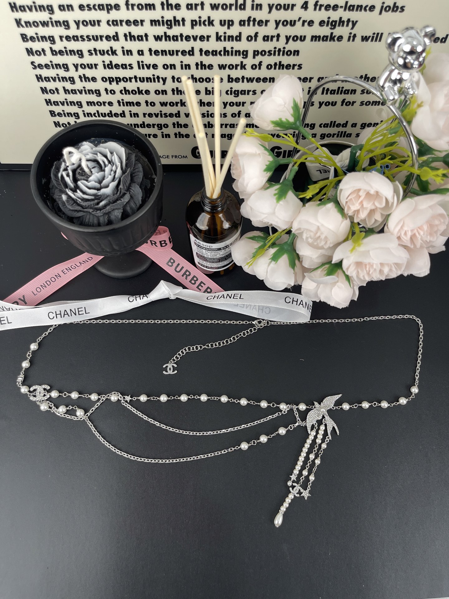 Chanel Silver - Tone Pearl & Crystal - Embellished CC Logo Chain Belt with Star Motifs