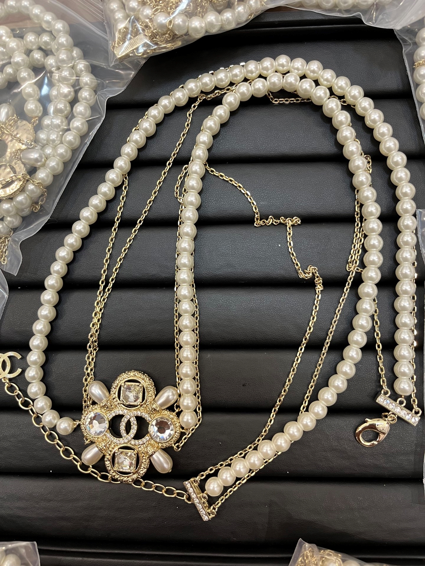 Chanel Multi - Strand Pearl & Crystal - Embellished Gold - Tone Chain Belt with CC Motifs