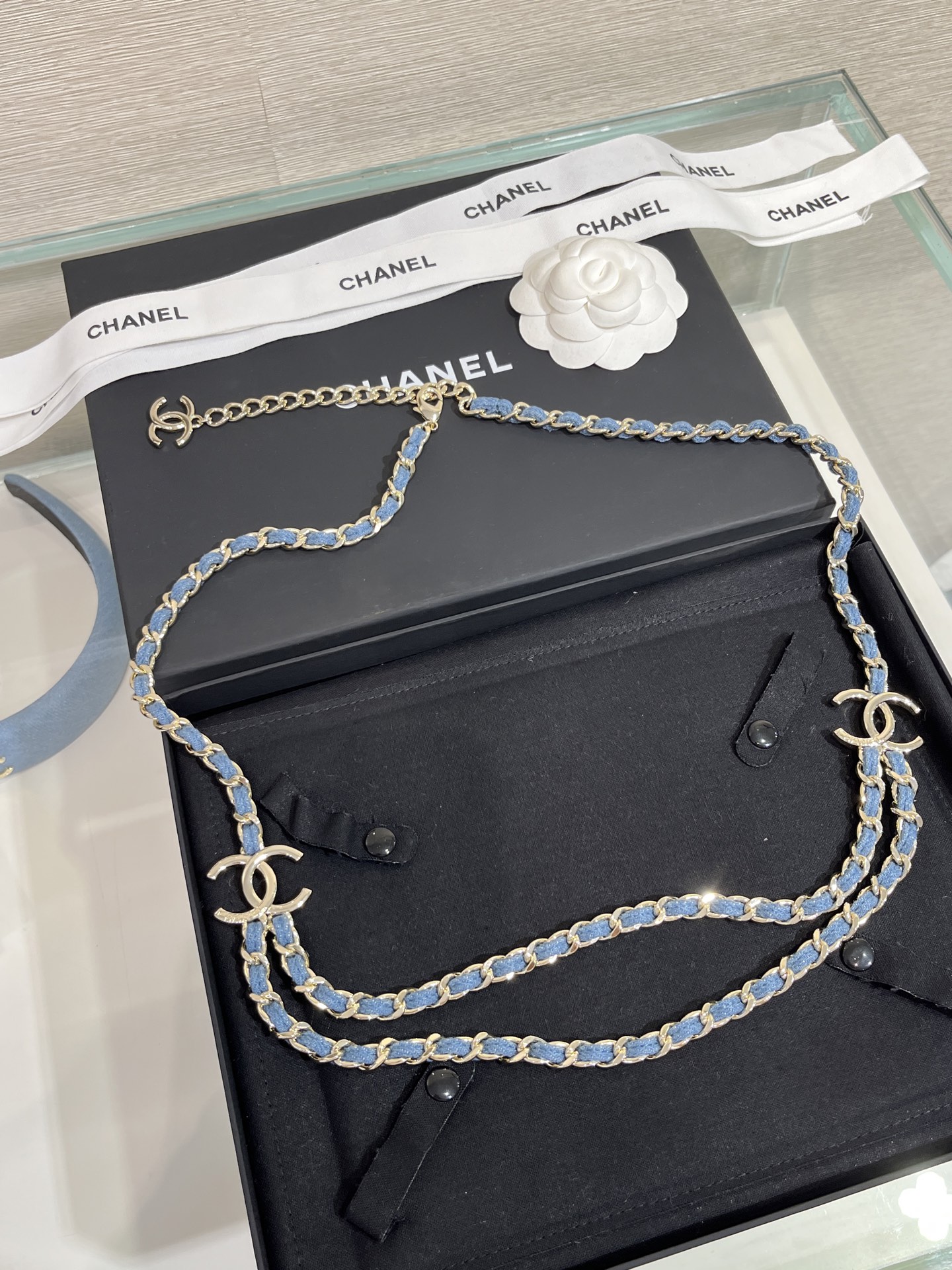 Chanel Denim - Woven Chain Belt with Gold - Tone CC Logos