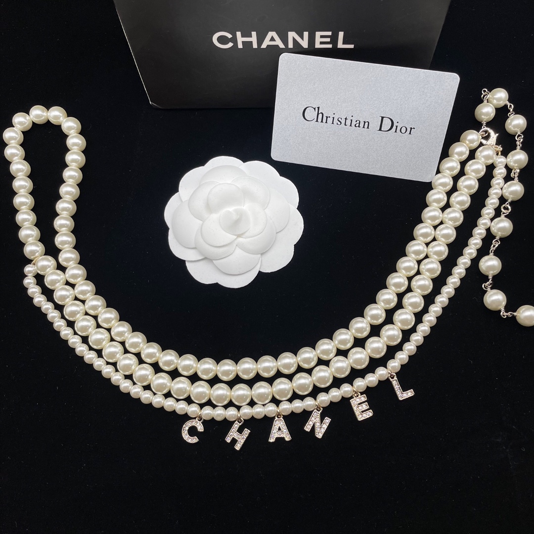 Chanel Pearl Necklace with Crystal - Embellished "CHANEL" Letters & CC Charm
