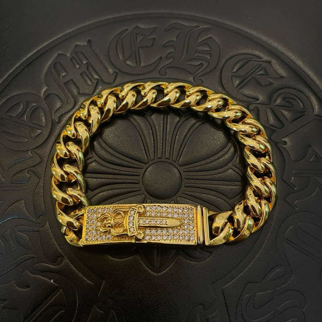 Chrome Hearts Gold - Tone Diamond - Inlaid Sword - Clasp Cuban Link Bracelet