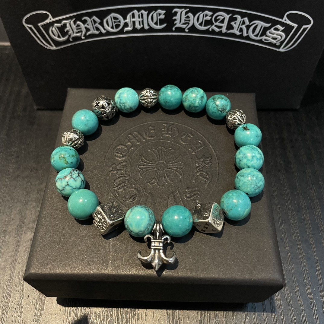 Chrome Hearts 925 Silver Turquoise Bead Bracelet with Dice & Fleur - de - Lis Charm