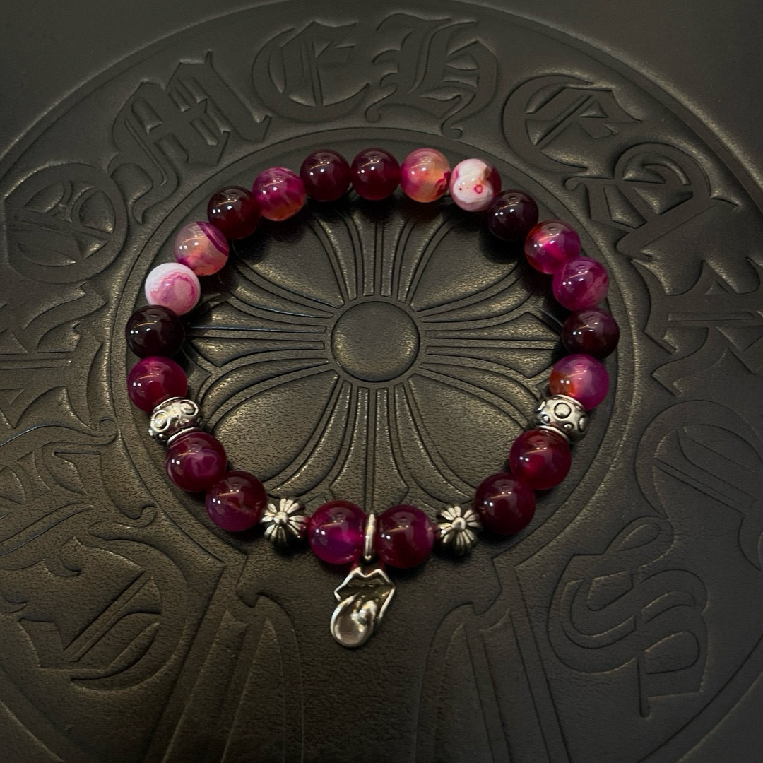 Chrome Hearts 925 Silver Multi - Color Ruby - Tone Bead Bracelet with Tongue Charm