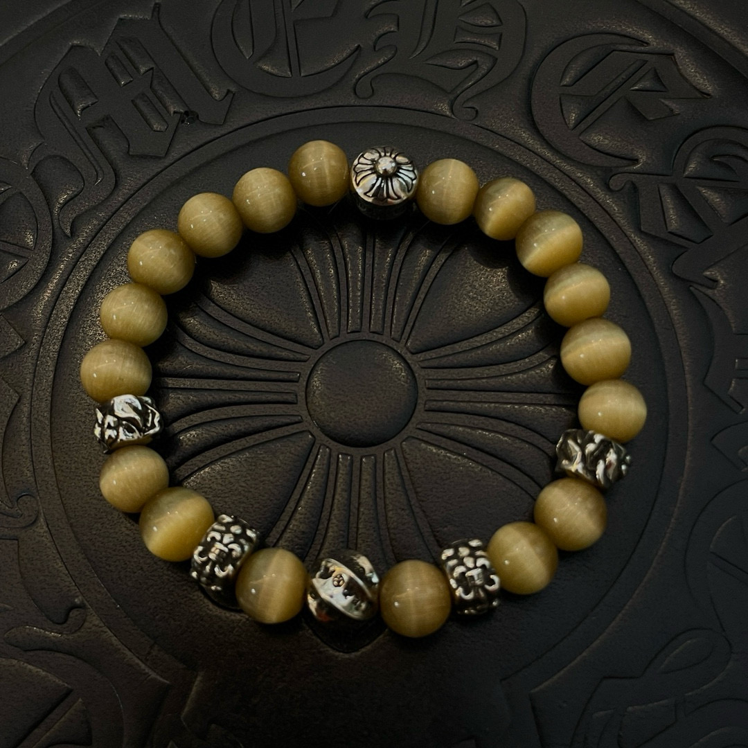 Chrome Hearts 925 Silver Golden Cat's Eye Bead Bracelet