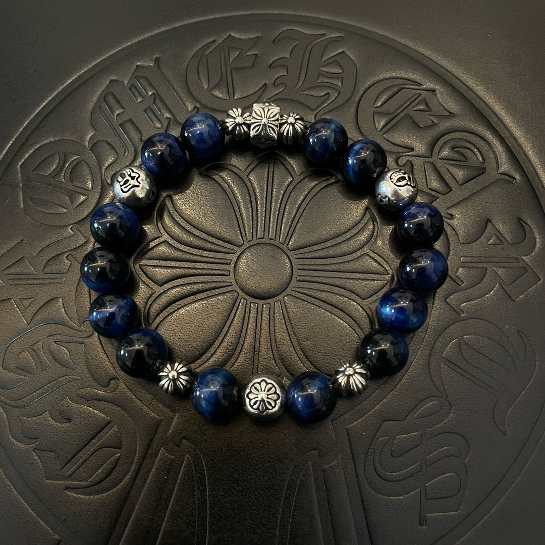 Chrome Hearts 925 Silver Blue Gemstone Bead Bracelet with Floral & Cross Accents