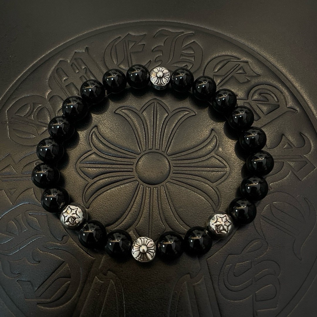 Chrome Hearts 925 Silver Star & Floral - Accent Black Bead Bracelet