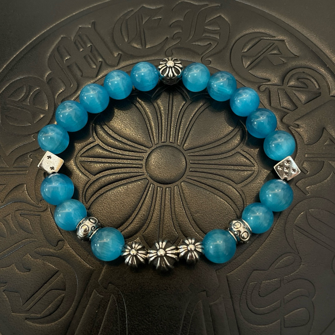 Chrome Hearts 925 Silver Blue Apatite Bead Bracelet with Dice & Floral Accents